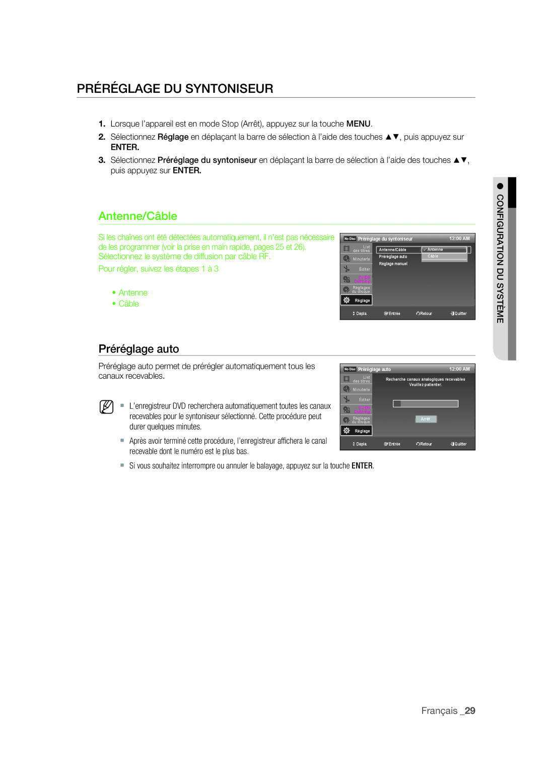 Samsung DVD-R175 user manual Préréglage DU Syntoniseur, Préréglage auto, DU Système 