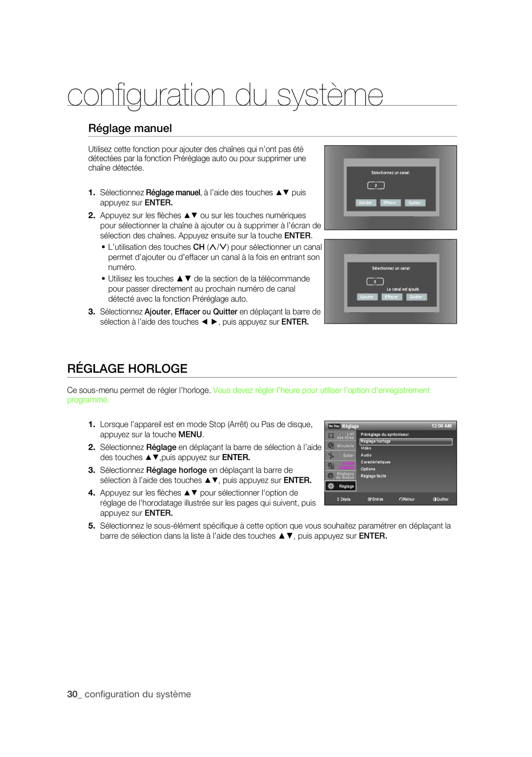 Samsung DVD-R175 user manual Réglage Horloge, Réglage manuel 