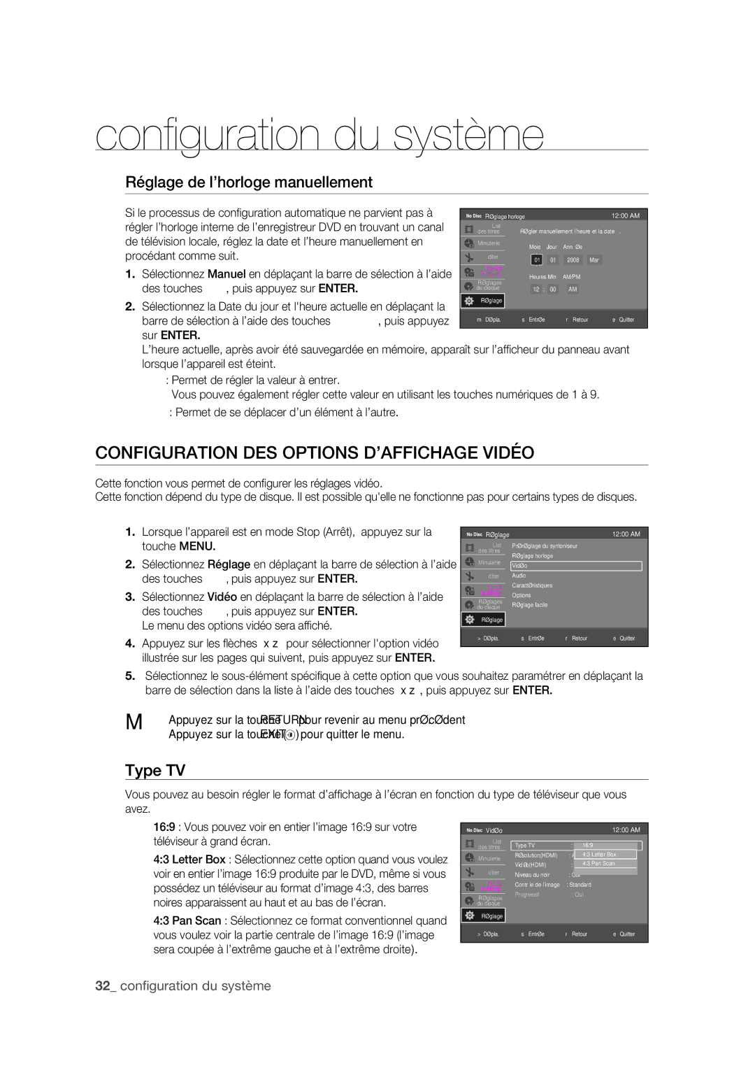 Samsung DVD-R175 user manual Configuration DES Options D’AFFICHAGE Vidéo, Réglage de l’horloge manuellement, Type TV 