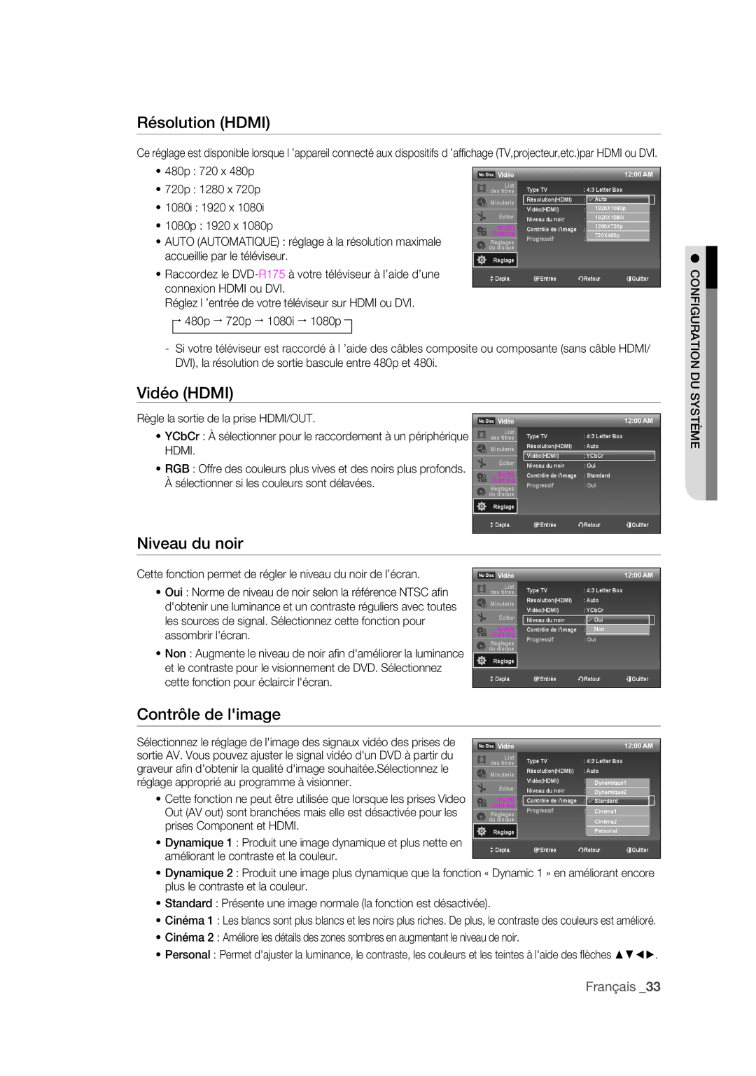 Samsung DVD-R175 user manual Résolution Hdmi, Niveau du noir, Contrôle de limage 