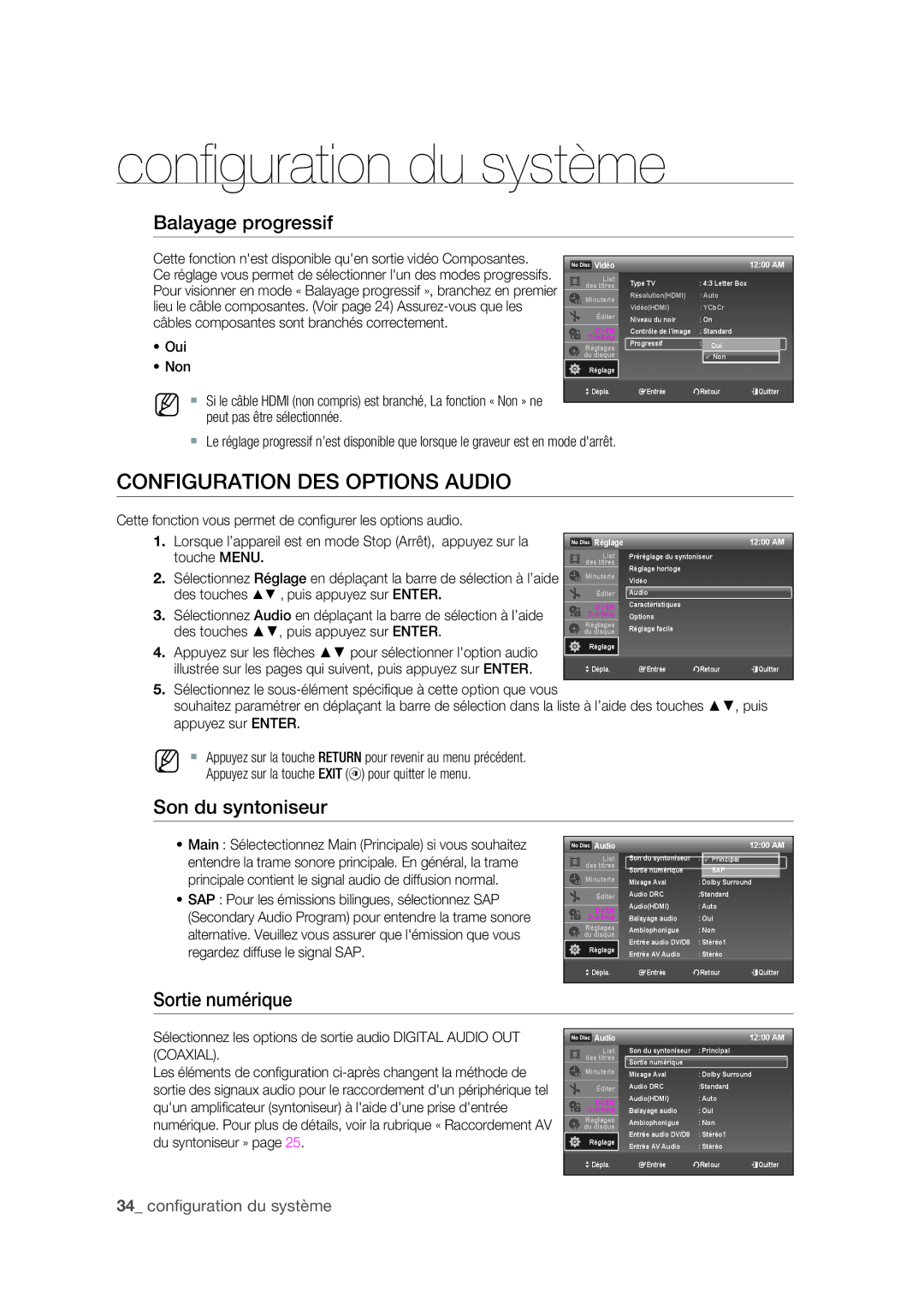 Samsung DVD-R175 user manual Configuration DES Options Audio, Balayage progressif, Son du syntoniseur, Sortie numérique 