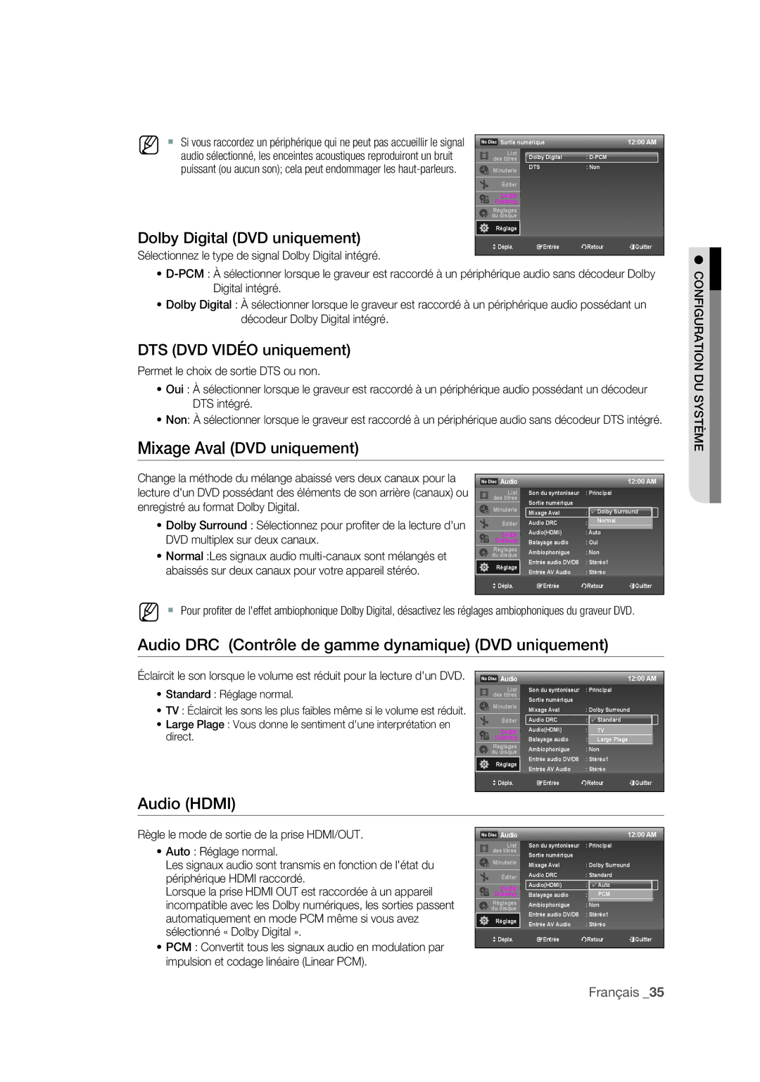 Samsung DVD-R175 user manual Audio Hdmi, Dolby Digital DVD uniquement, DTS DVD Vidéo uniquement, Mixage Aval DVD uniquement 