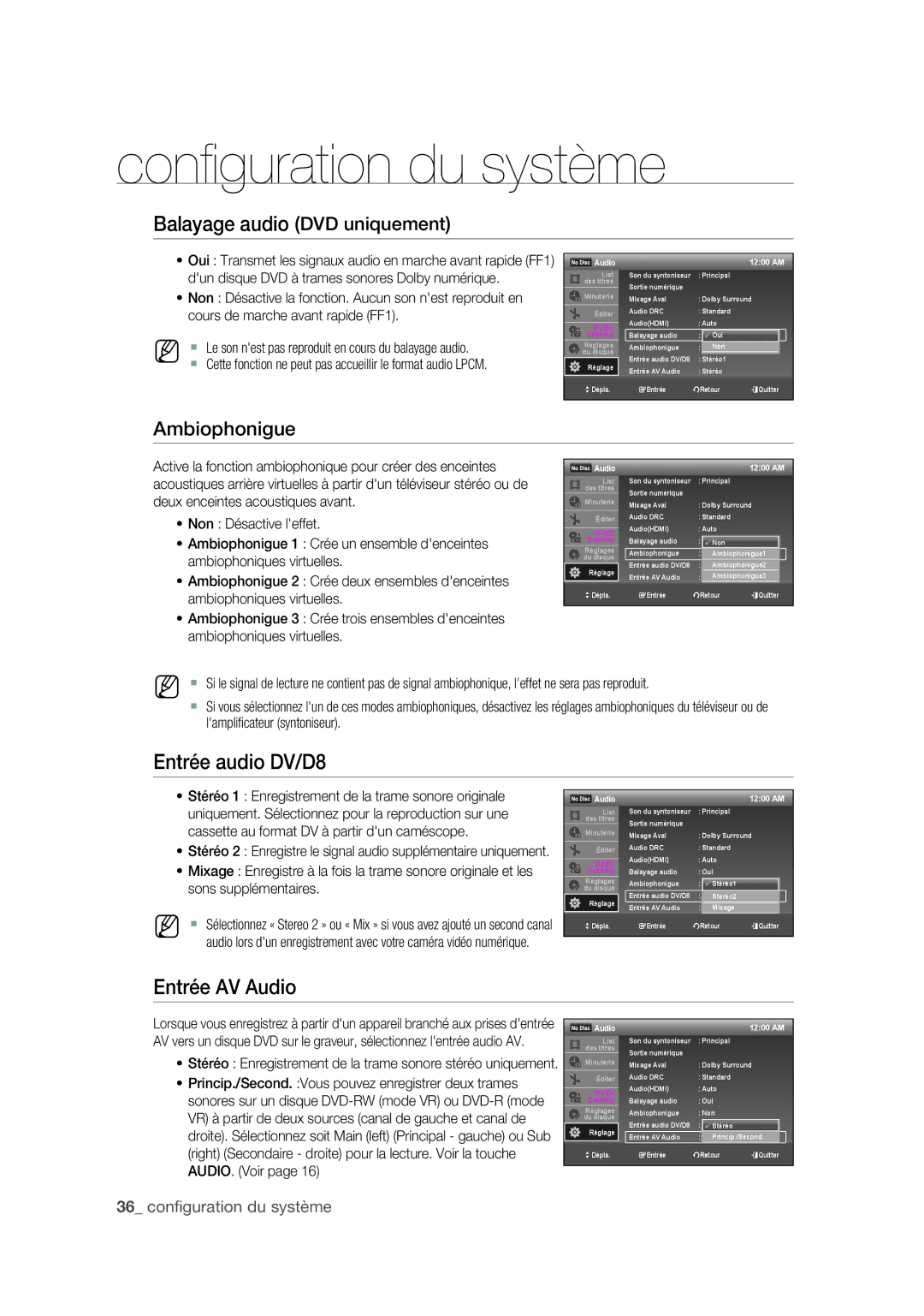 Samsung DVD-R175 user manual Ambiophonigue, Princip./Second. Vous pouvez enregistrer deux trames, AUDIO. Voir 