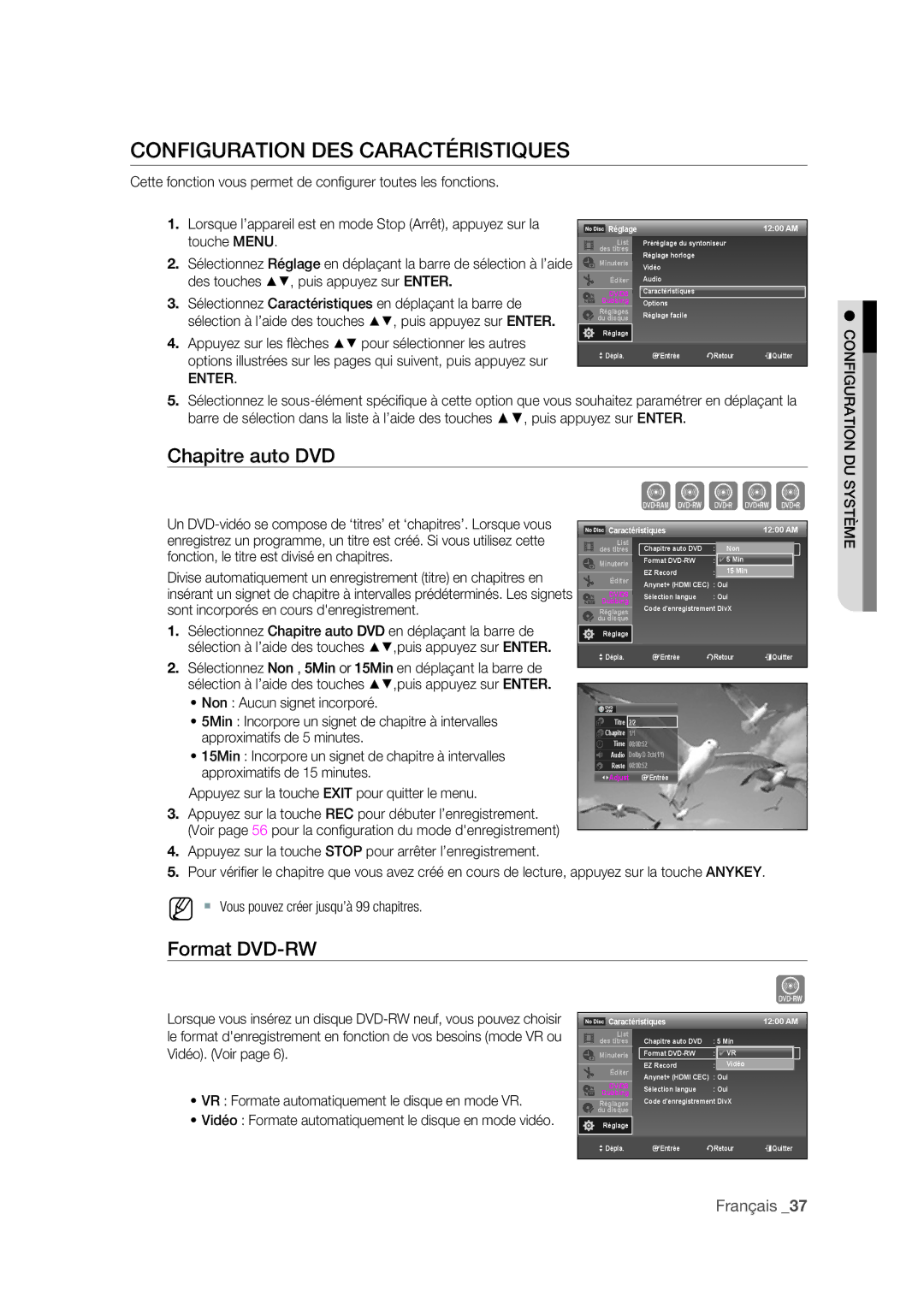 Samsung DVD-R175 Configuration DES Caractéristiques, Chapitre auto DVD, Fonction, le titre est divisé en chapitres 