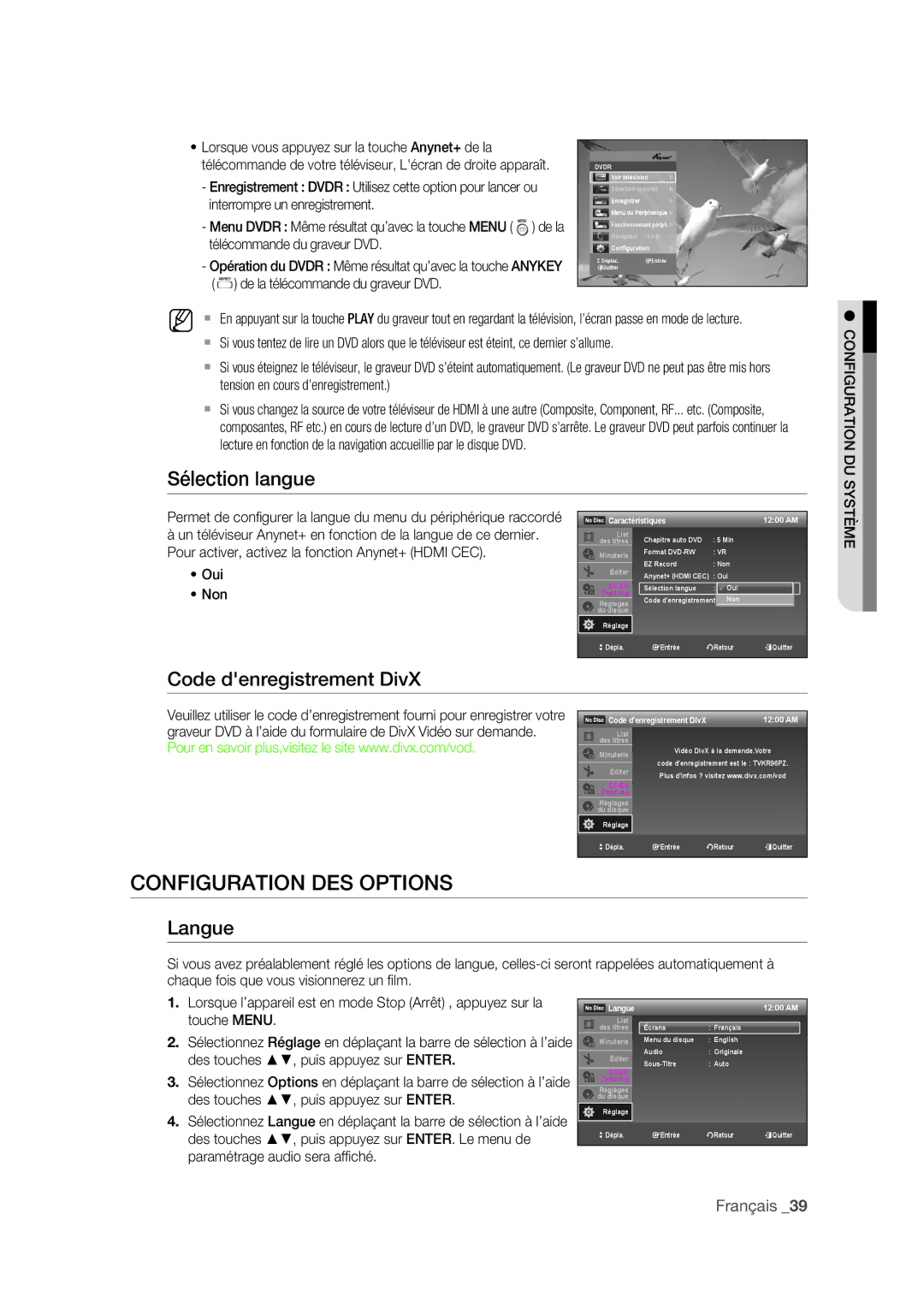 Samsung DVD-R175 user manual Configuration DES Options, Code denregistrement DivX, Langue, Configuration DU, Système 