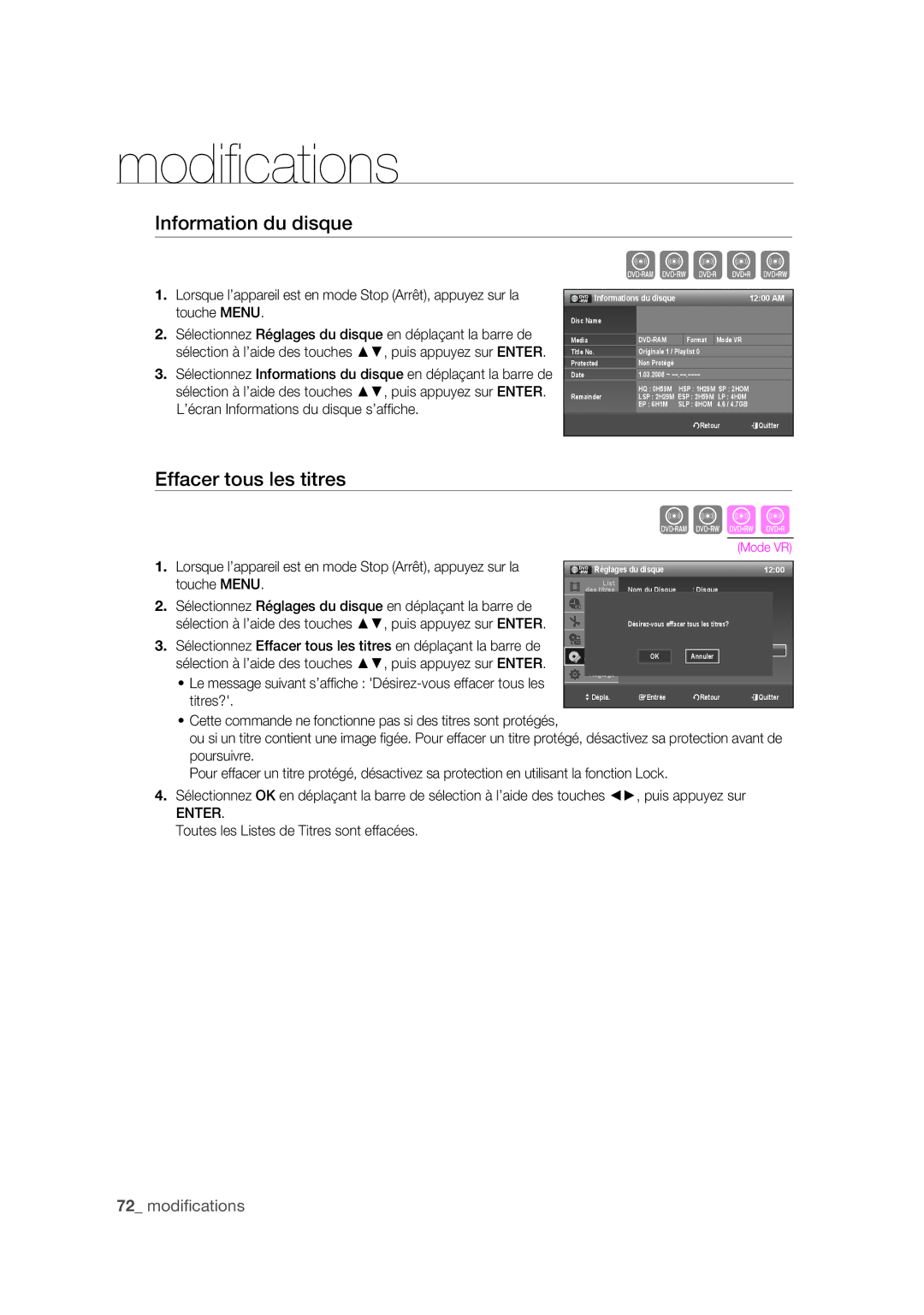 Samsung DVD-R175 Information du disque, Effacer tous les titres, Titres?, Toutes les Listes de Titres sont effacées 