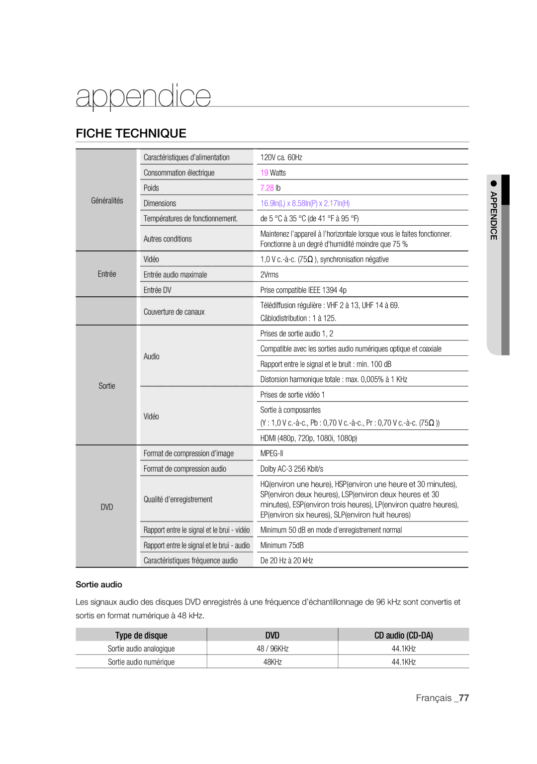 Samsung DVD-R175 user manual Appendice, Fiche Technique, Type de disque, CD audio CD-DA 