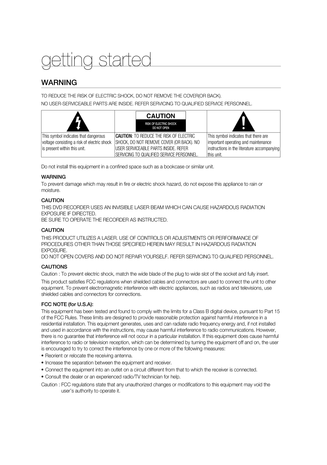 Samsung DVD-R175 user manual Getting started, Is present within this unit, This unit 