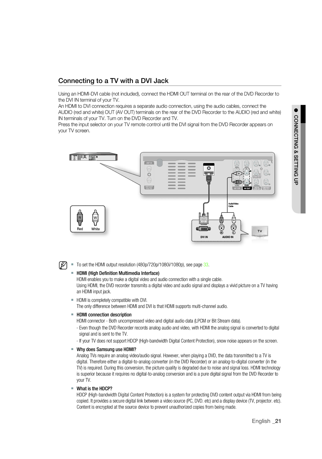 Samsung DVD-R175 user manual Connecting to a TV with a DVI Jack,  Why does Samsung use HDMI?,  What is the HDCP? 