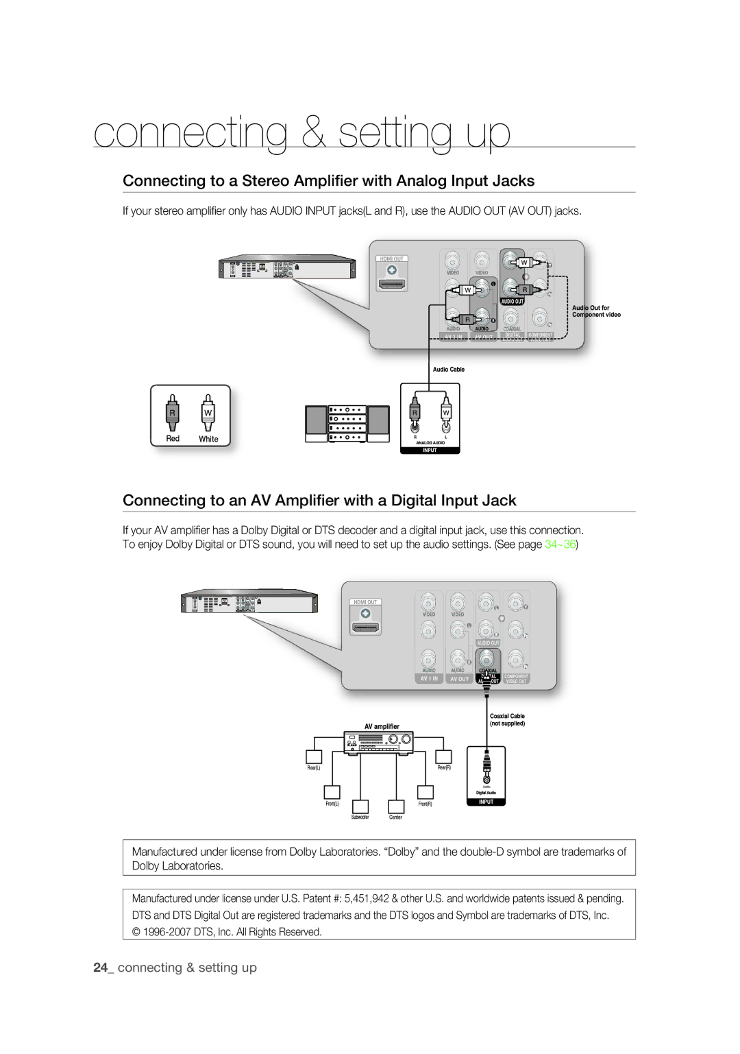 Samsung DVD-R175 Connecting to a Stereo Ampliﬁer with Analog Input Jacks, 1996-2007 DTS, Inc. All Rights Reserved 