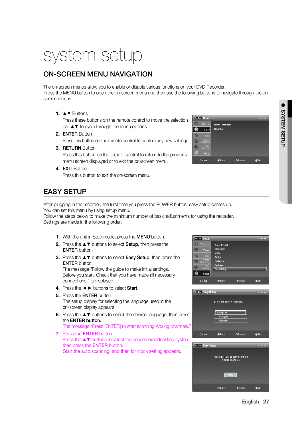 Samsung DVD-R175 user manual System setup, ON-SCREEN Menu Navigation, Easy Setup, Return Button 