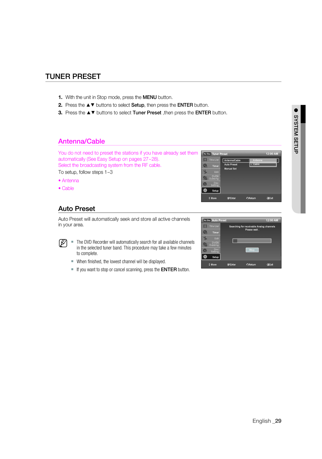 Samsung DVD-R175 user manual Tuner Preset, Auto Preset 