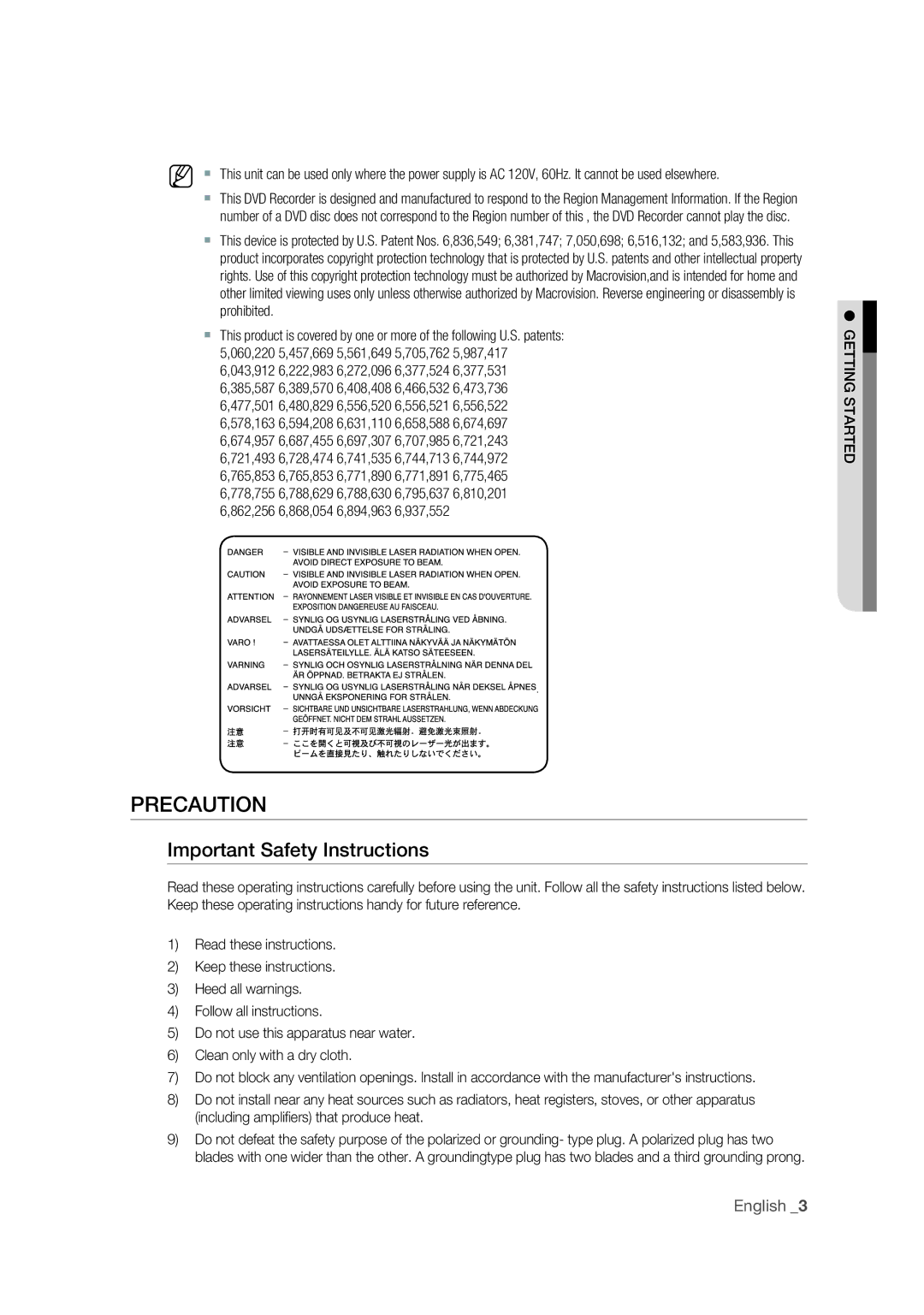 Samsung DVD-R175 user manual Precaution, Important Safety Instructions, Getting Started 