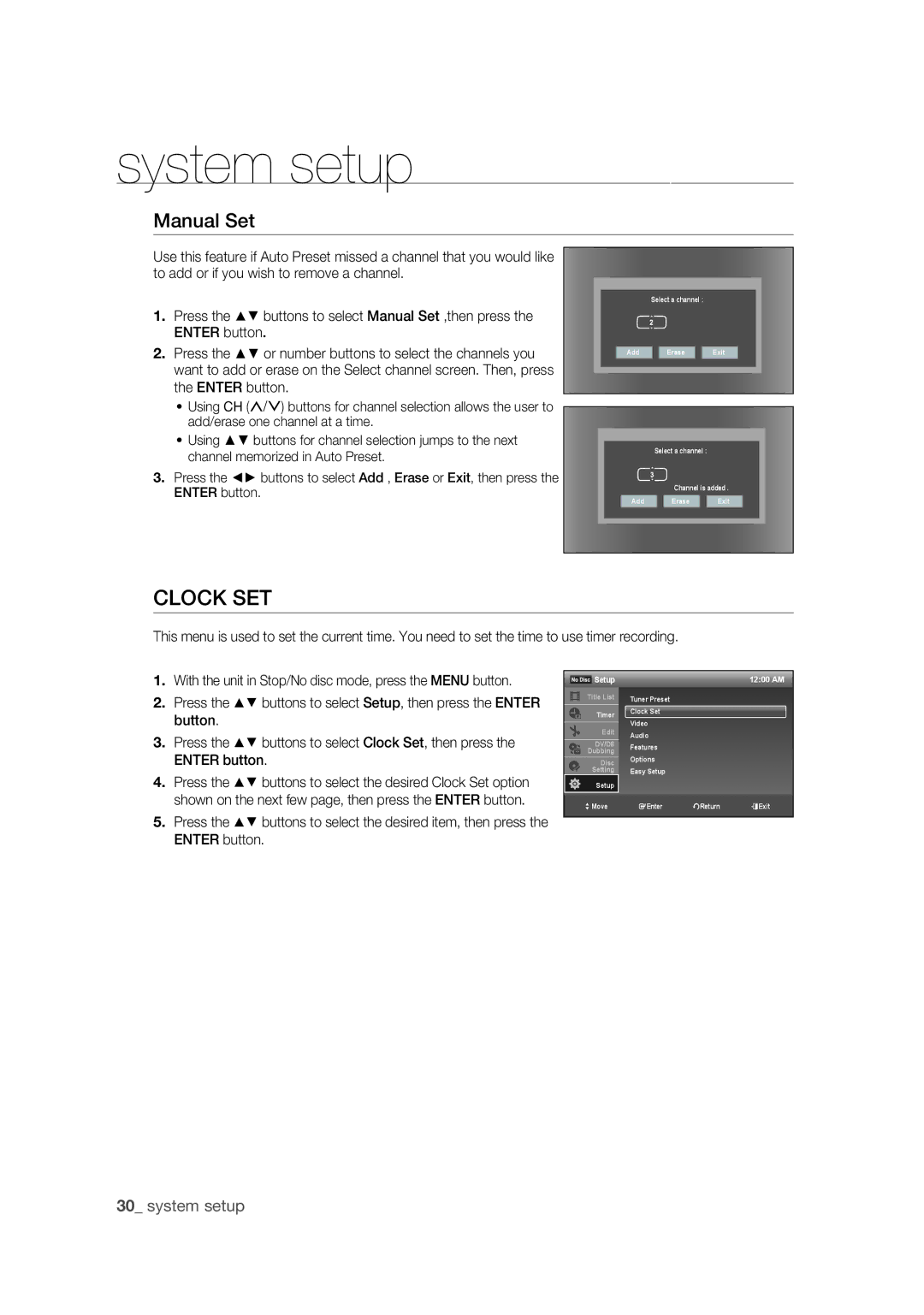 Samsung DVD-R175 user manual Clock SET, Manual Set 