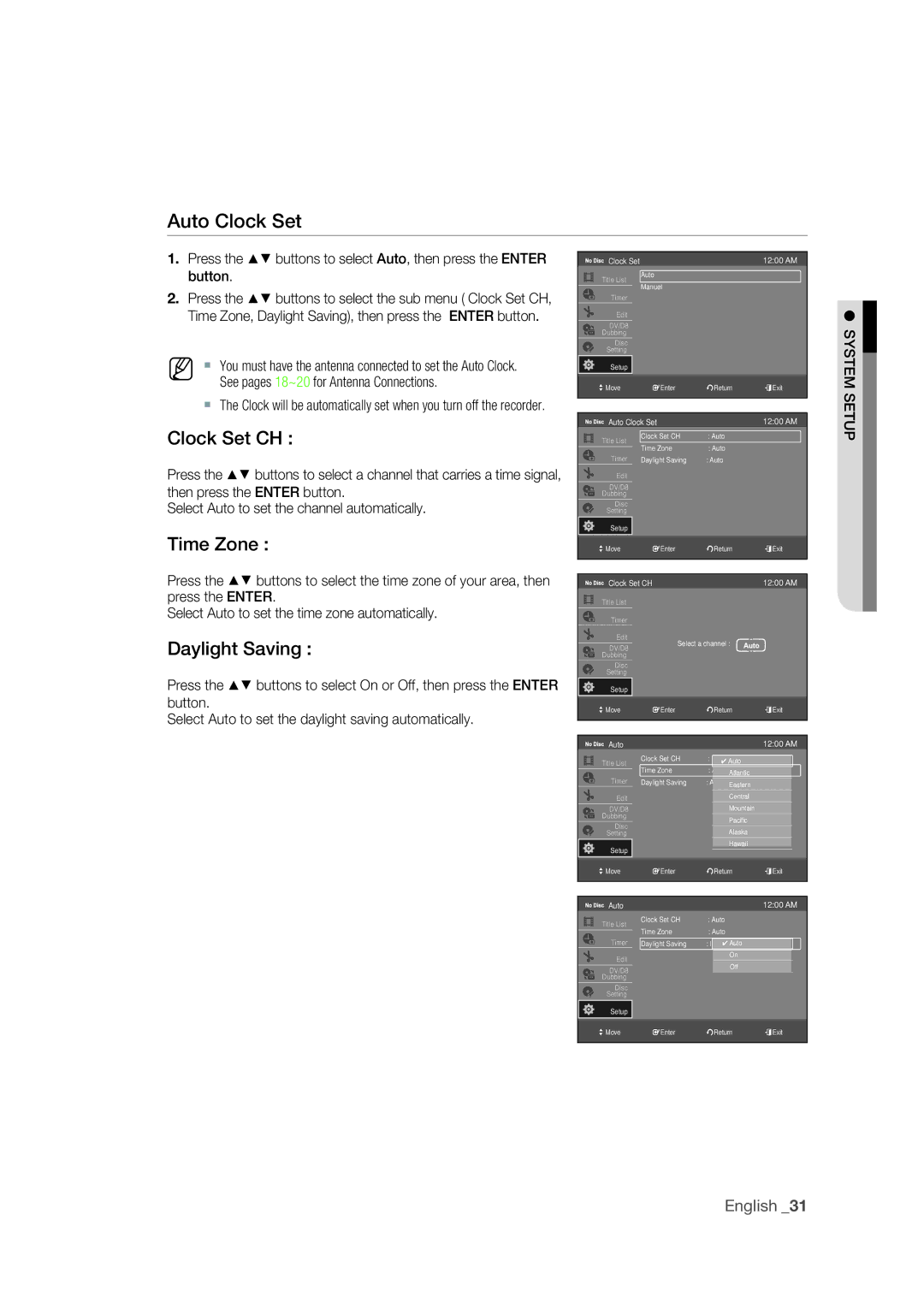 Samsung DVD-R175 user manual Auto Clock Set, Clock Set CH, Time Zone, Daylight Saving 