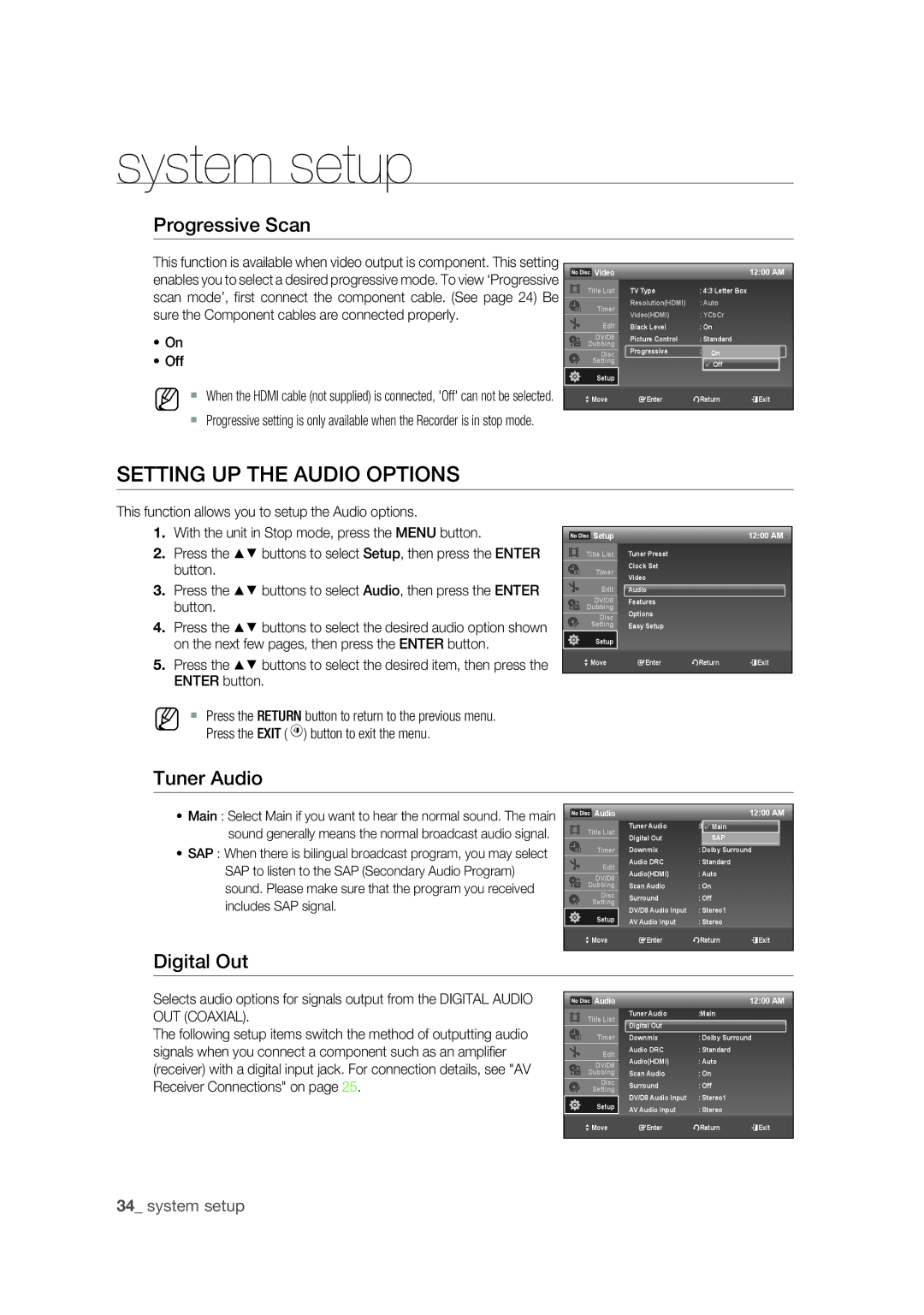 Samsung DVD-R175 user manual Setting UP the Audio Options, Progressive Scan, Tuner Audio, Digital Out, Off 