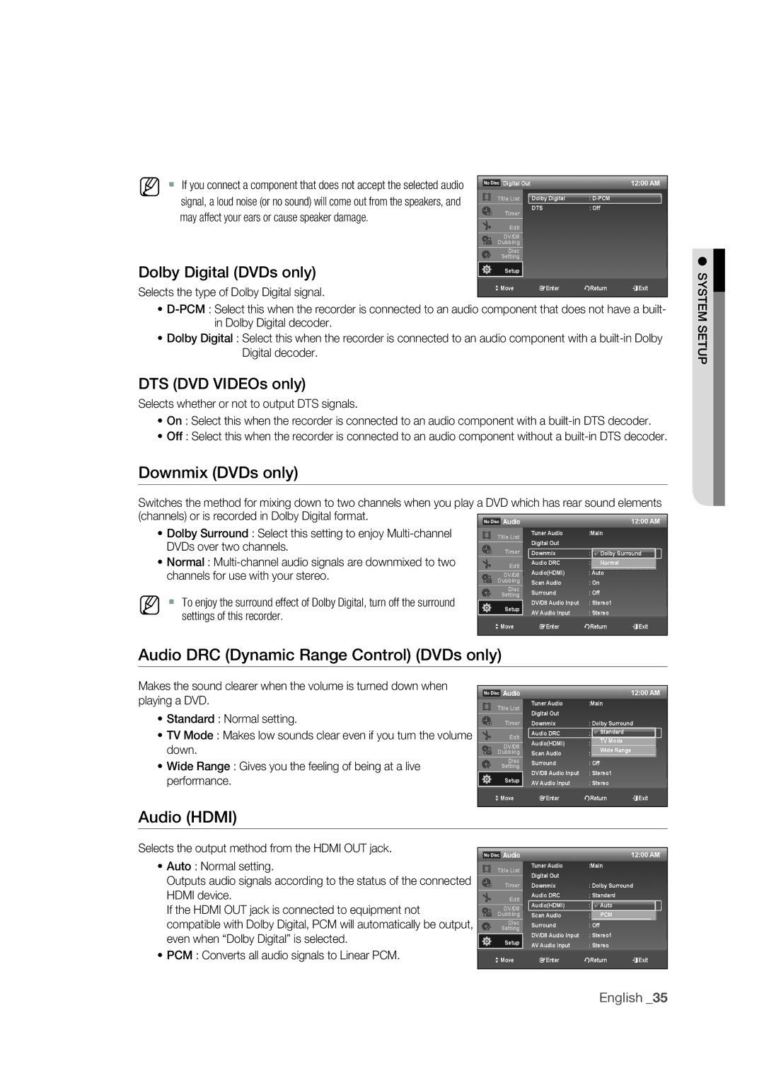 Samsung DVD-R175 user manual Downmix DVDs only, Audio DRC Dynamic Range Control DVDs only, DTS DVD VIDEOs only 