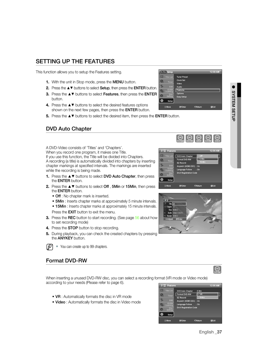 Samsung DVD-R175 user manual Format DVD-RW, System Setup,  You can create up to 99 chapters 