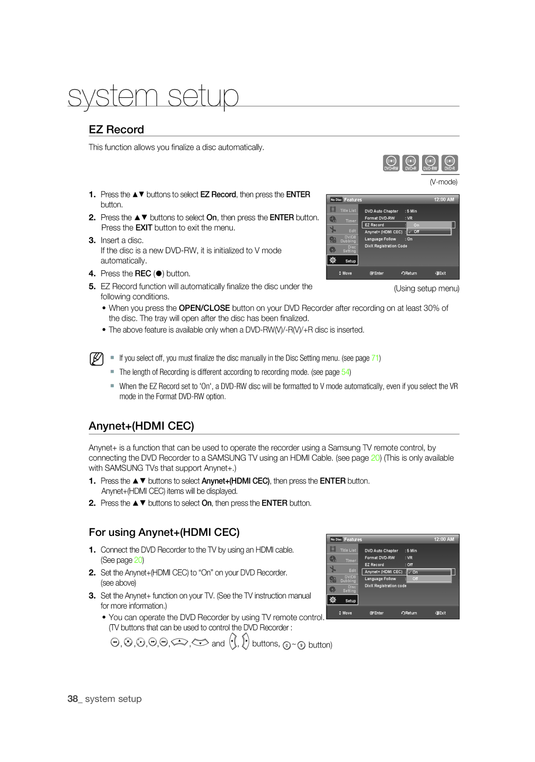 Samsung DVD-R175 user manual EZ Record, Anynet+HDMI CEC 