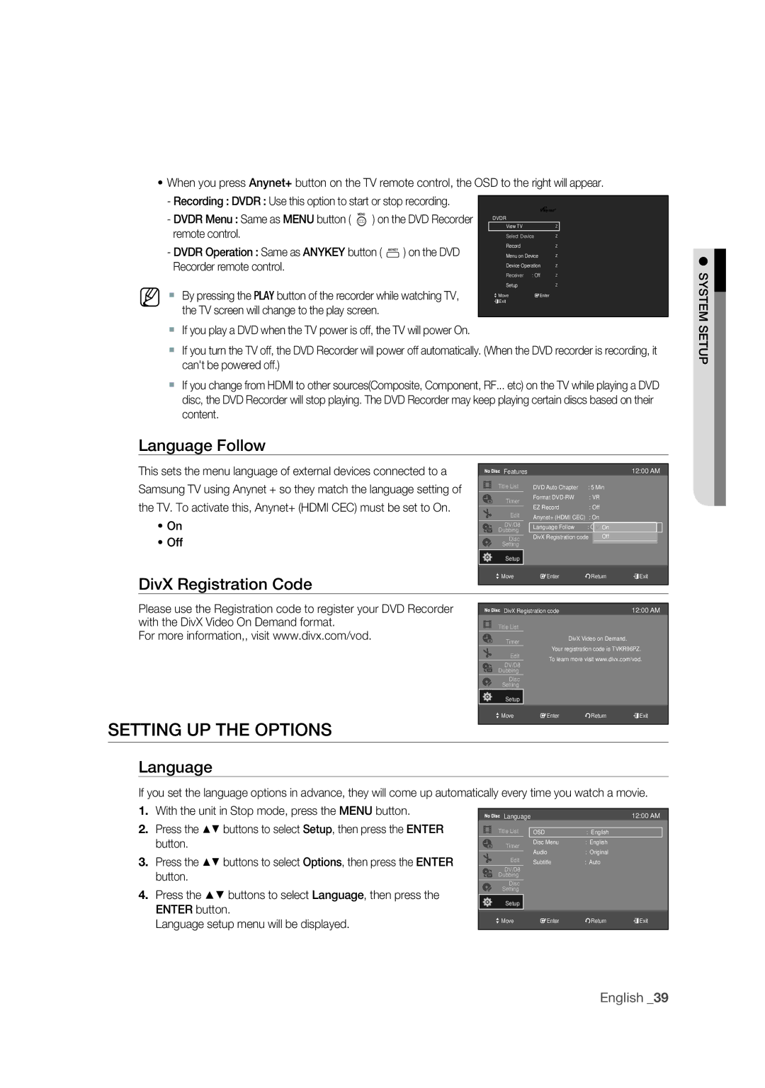 Samsung DVD-R175 user manual Setting UP the Options, Language Follow, DivX Registration Code 