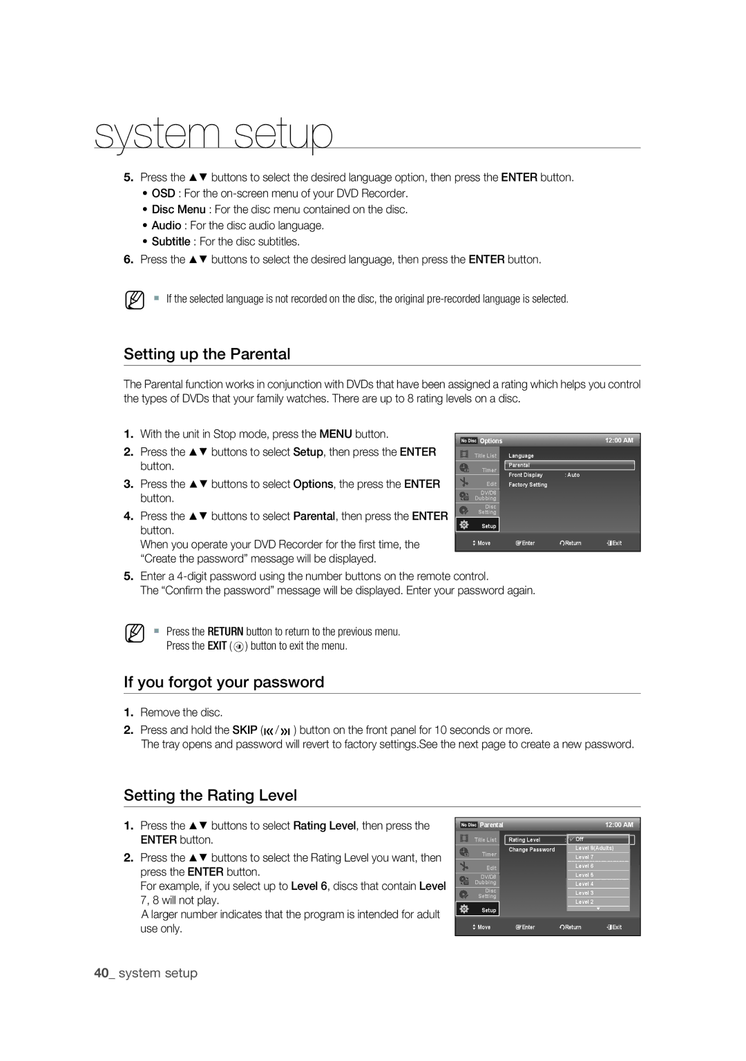 Samsung DVD-R175 user manual Setting up the Parental, If you forgot your password, Setting the Rating Level 