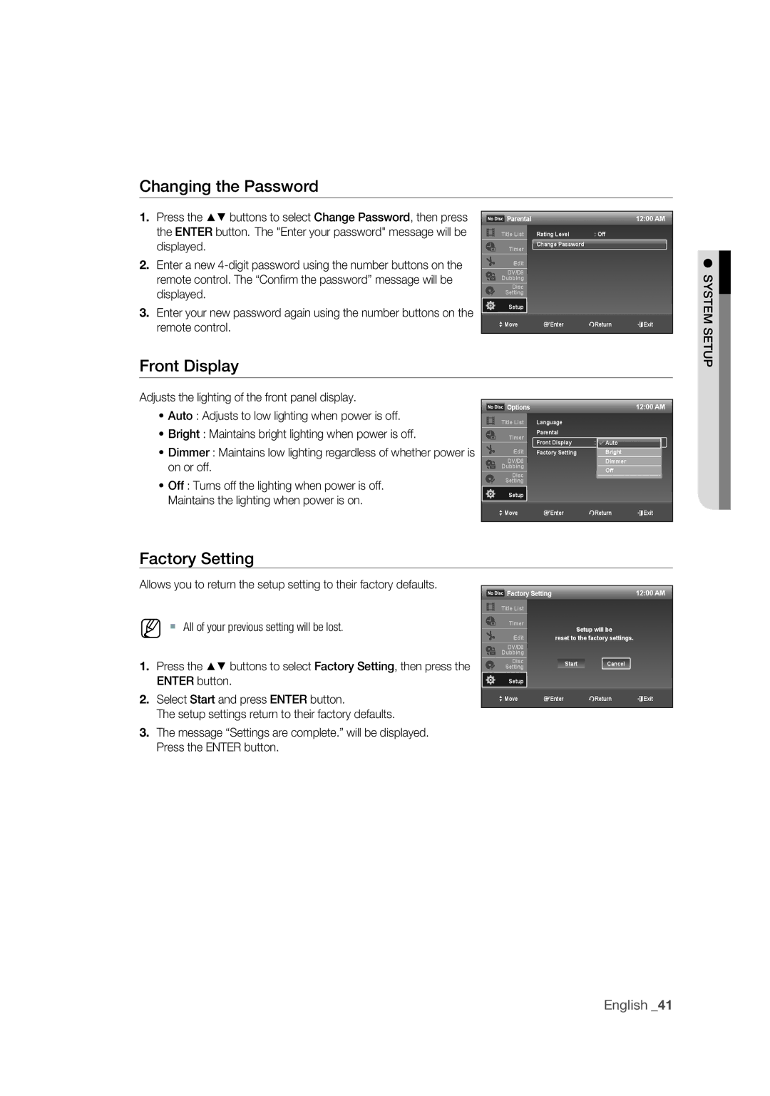 Samsung DVD-R175 user manual Factory Setting 