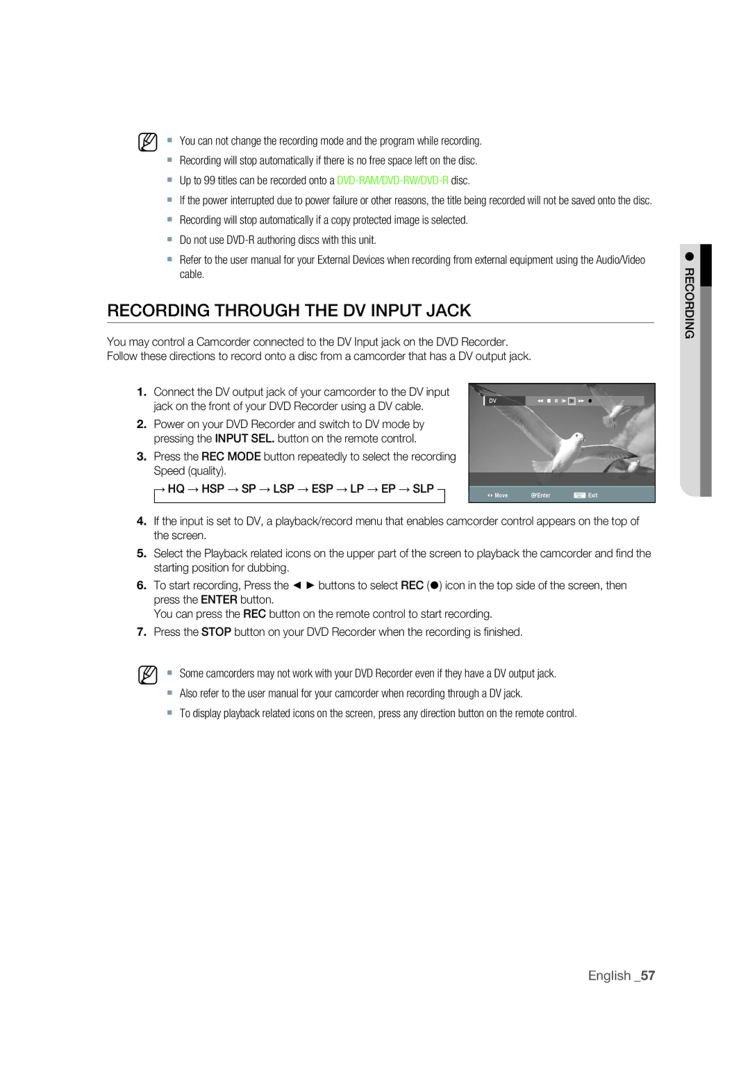 Samsung DVD-R175 user manual Recording Through the DV Input Jack 