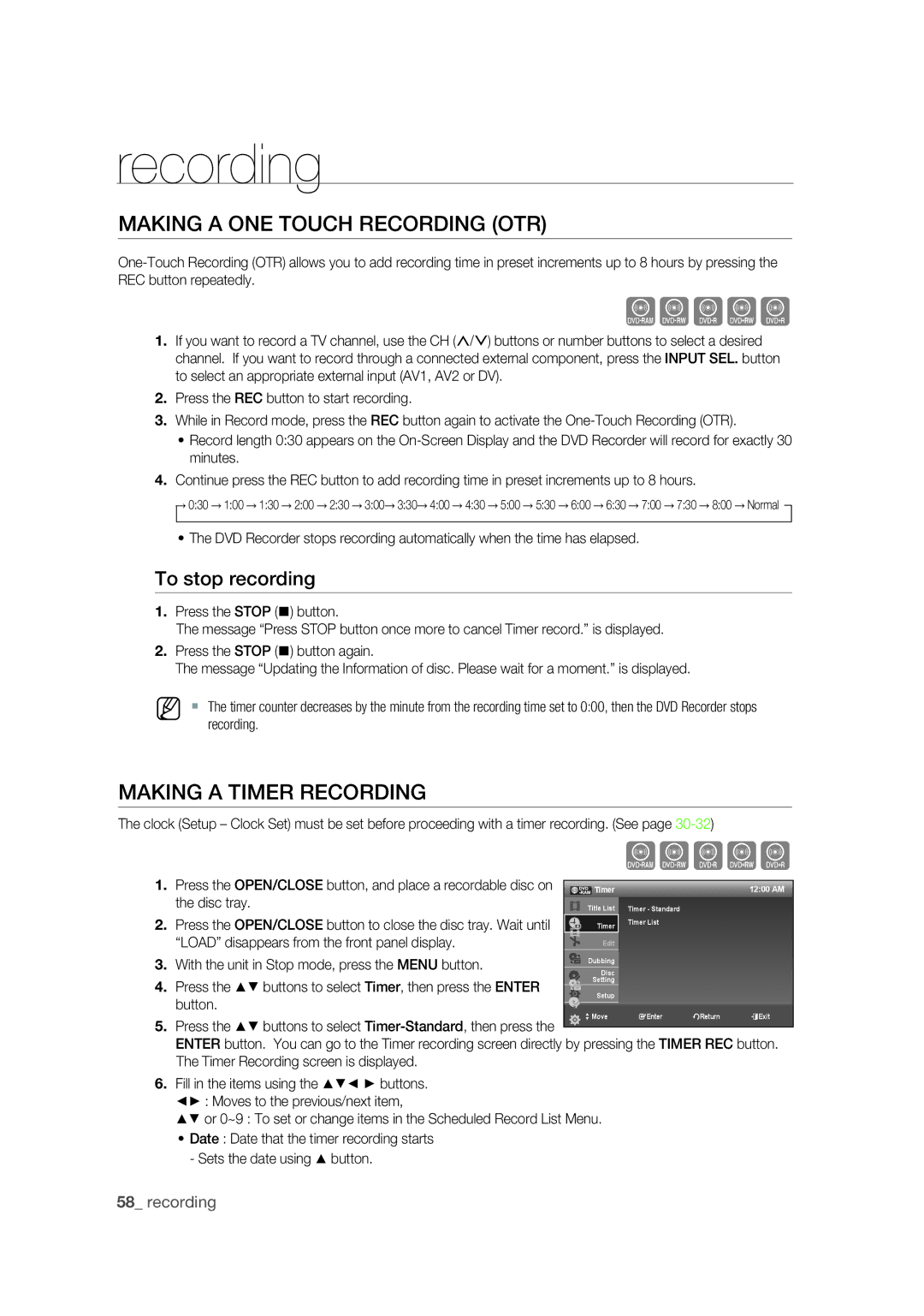 Samsung DVD-R175 user manual Making a ONE Touch Recording OTR, Making a Timer Recording, To stop recording, Disc tray 