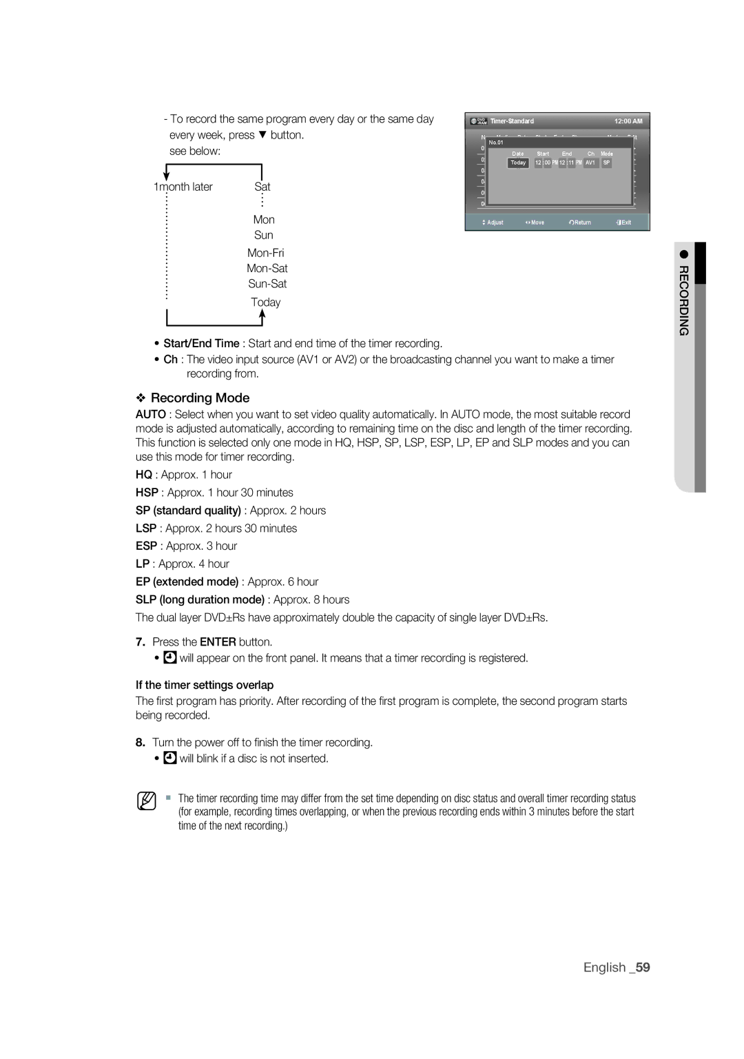 Samsung DVD-R175 user manual Recording Mode, Mon Sun Mon-Fri Mon-Sat Sun-Sat Today 