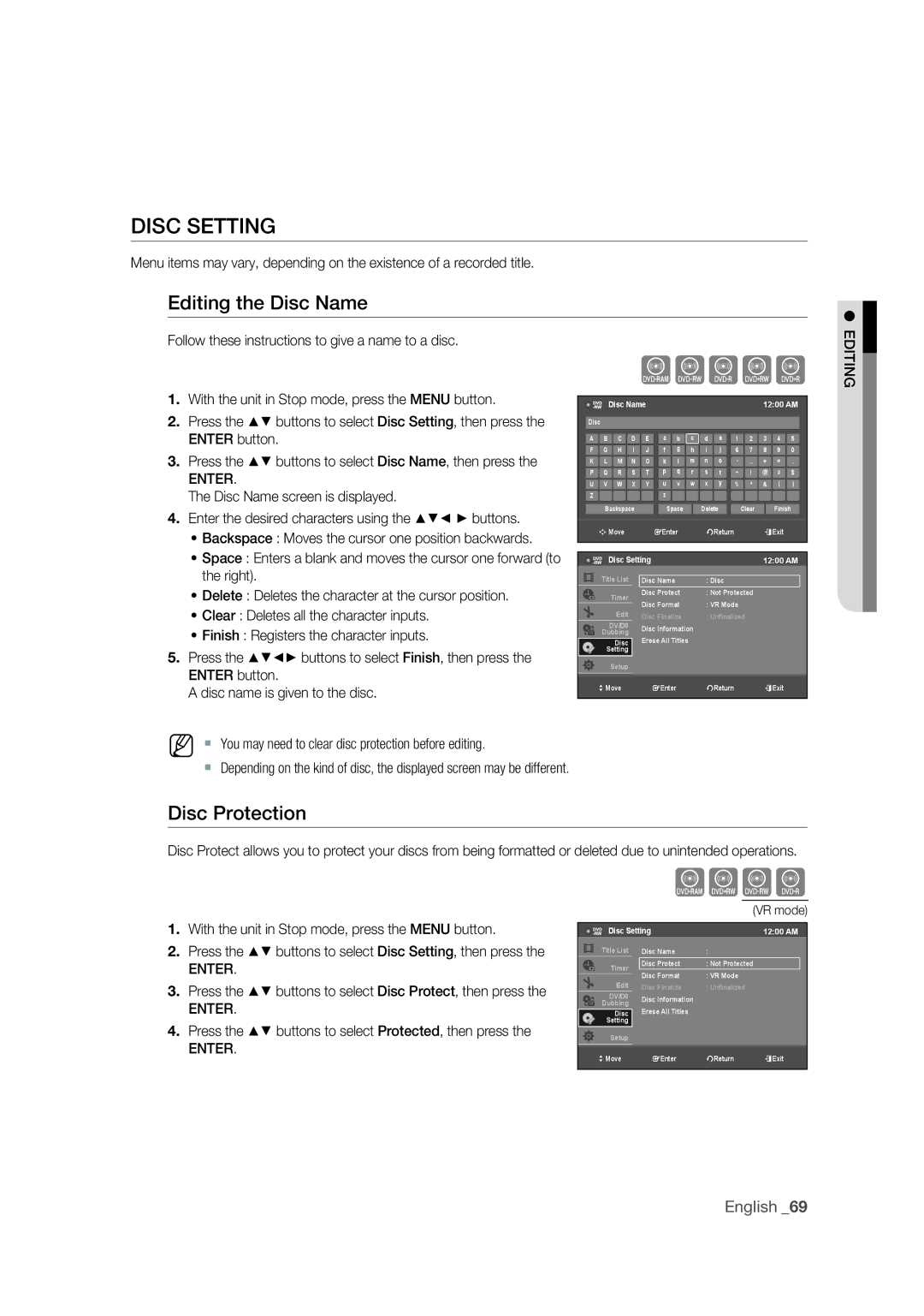 Samsung DVD-R175 user manual Disc Setting, Editing the Disc Name, Disc Protection 