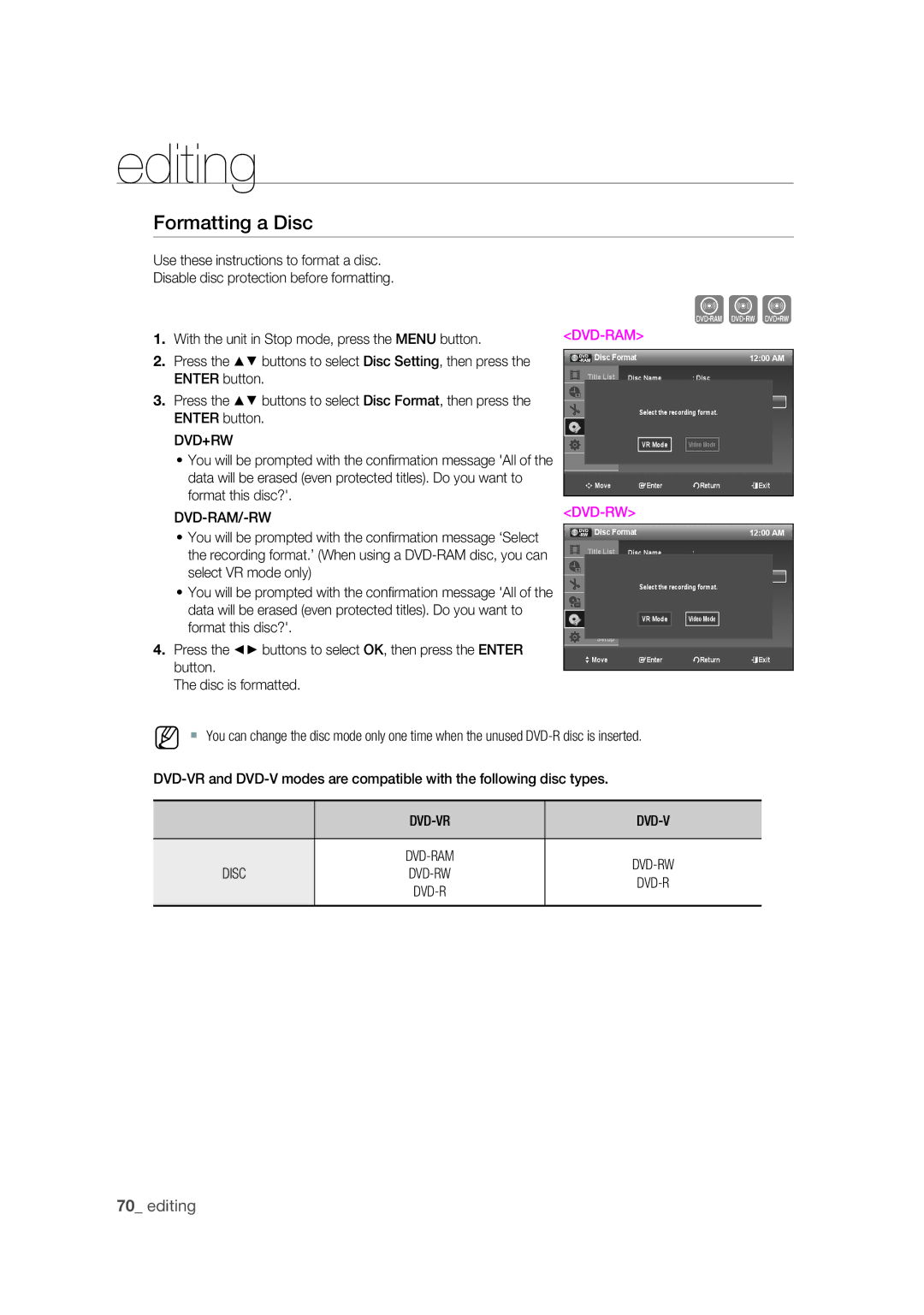 Samsung DVD-R175 user manual Formatting a Disc, Format this disc?, Select VR mode only, Disc is formatted 