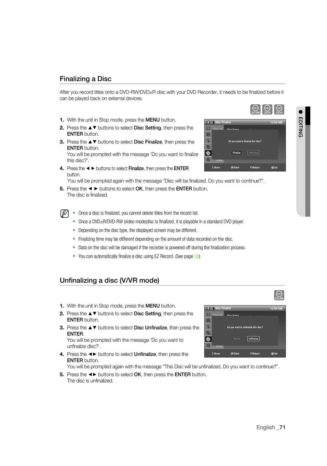 Samsung DVD-R175 user manual Finalizing a Disc, Unﬁnalizing a disc V/VR mode, This disc?, Disc Finalize 1200 AM 