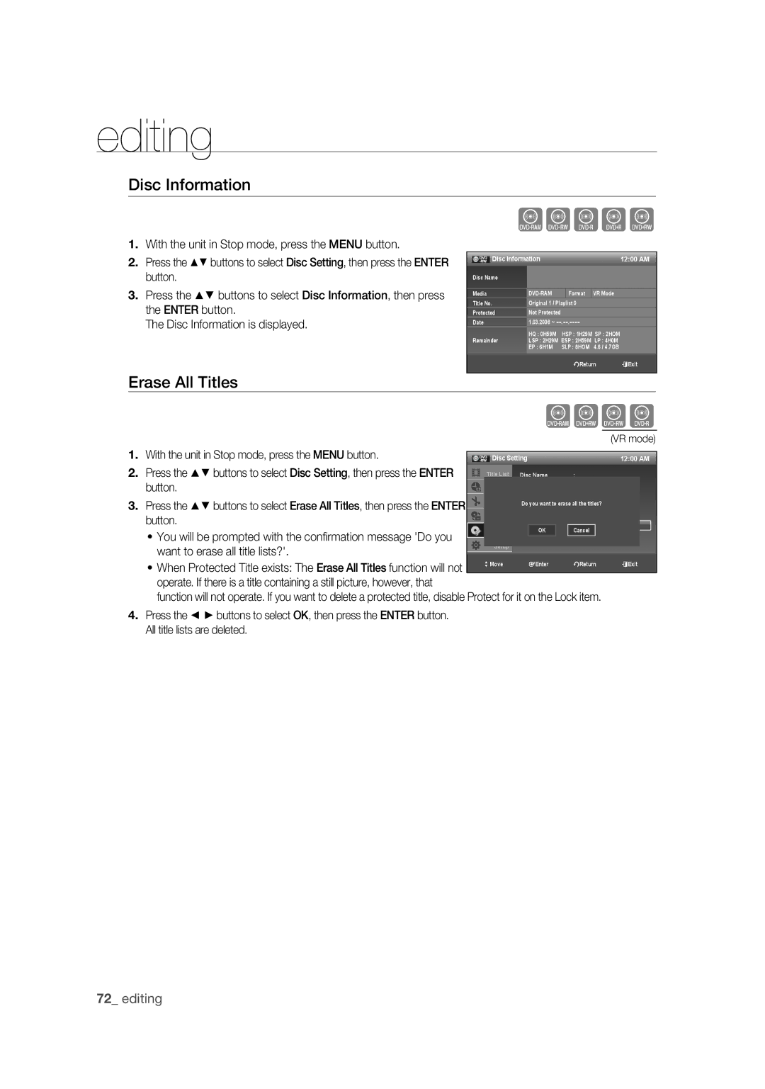 Samsung DVD-R175 Erase All Titles, Want to erase all title lists?, Disc Information 1200 AM, Disc Setting 1200 AM 