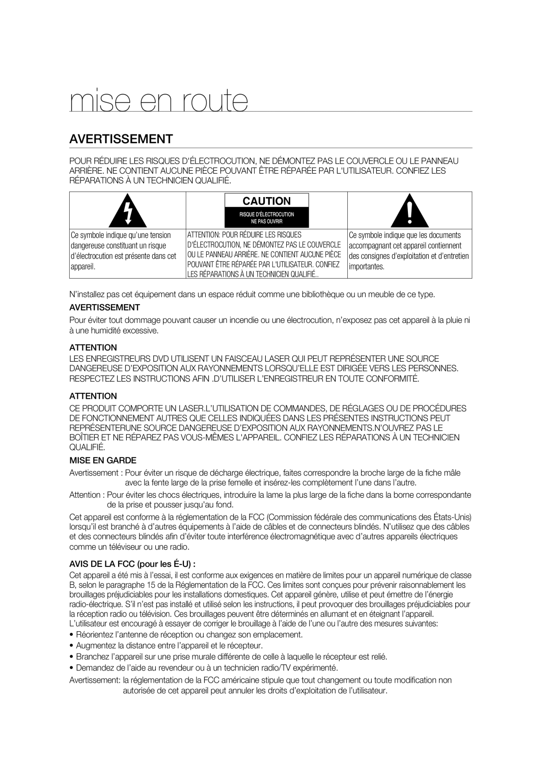 Samsung DVD-R175 user manual Mise en route, Avertissement, Appareil, Importantes 