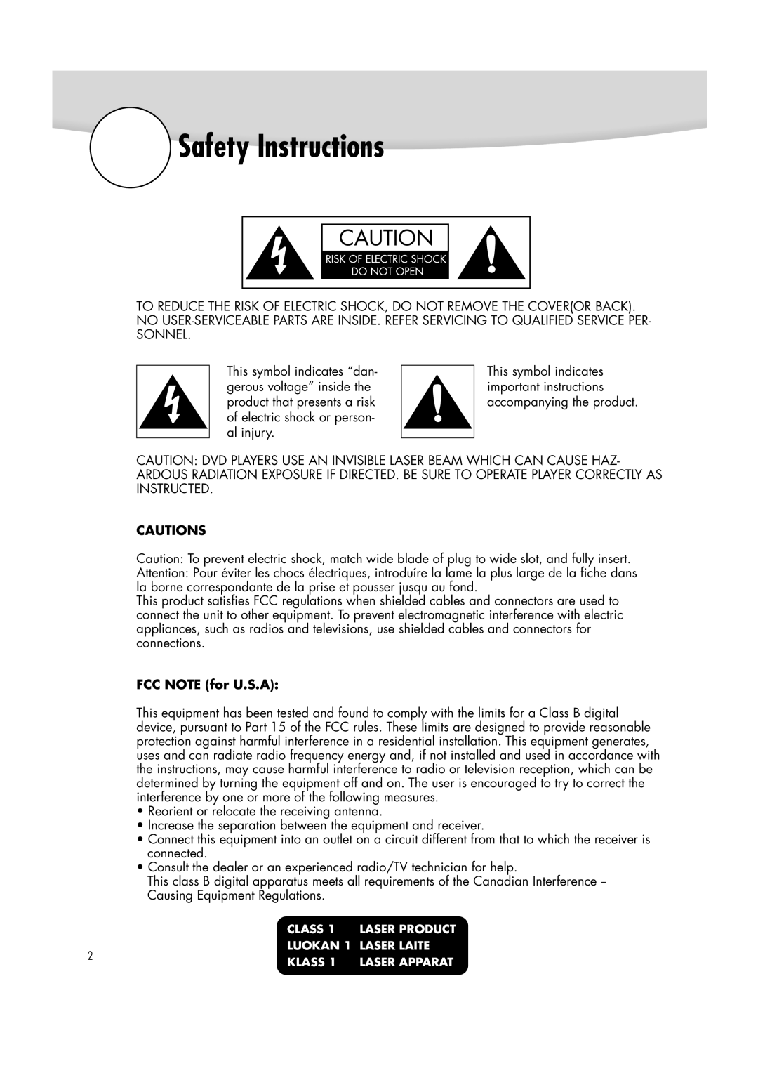 Samsung DVD-R2000 manual Safety Instructions, FCC Note for U.S.A 