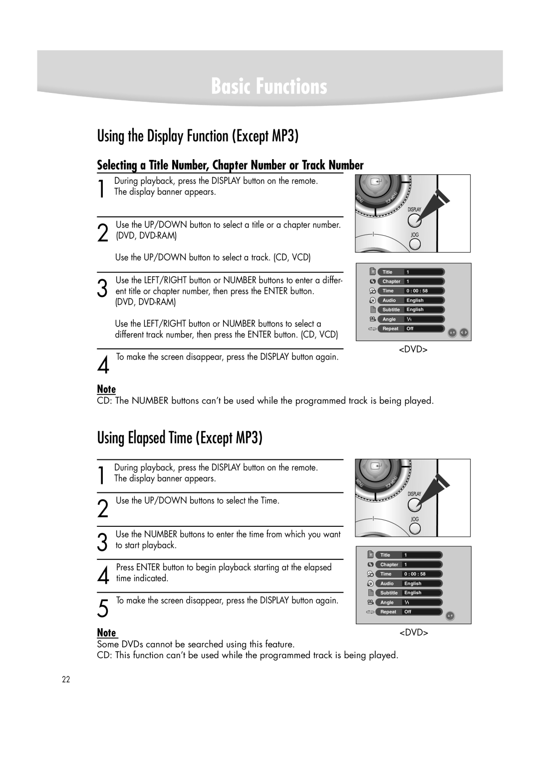 Samsung DVD-R2000 manual Using the Display Function Except MP3, Using Elapsed Time Except MP3 