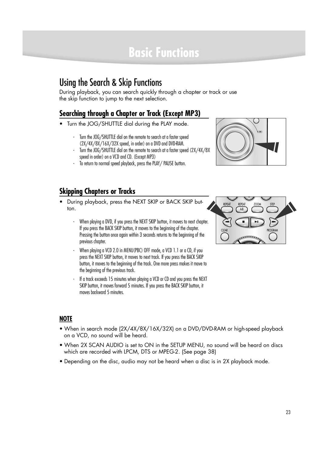 Samsung DVD-R2000 manual Using the Search & Skip Functions, Searching through a Chapter or Track Except MP3 