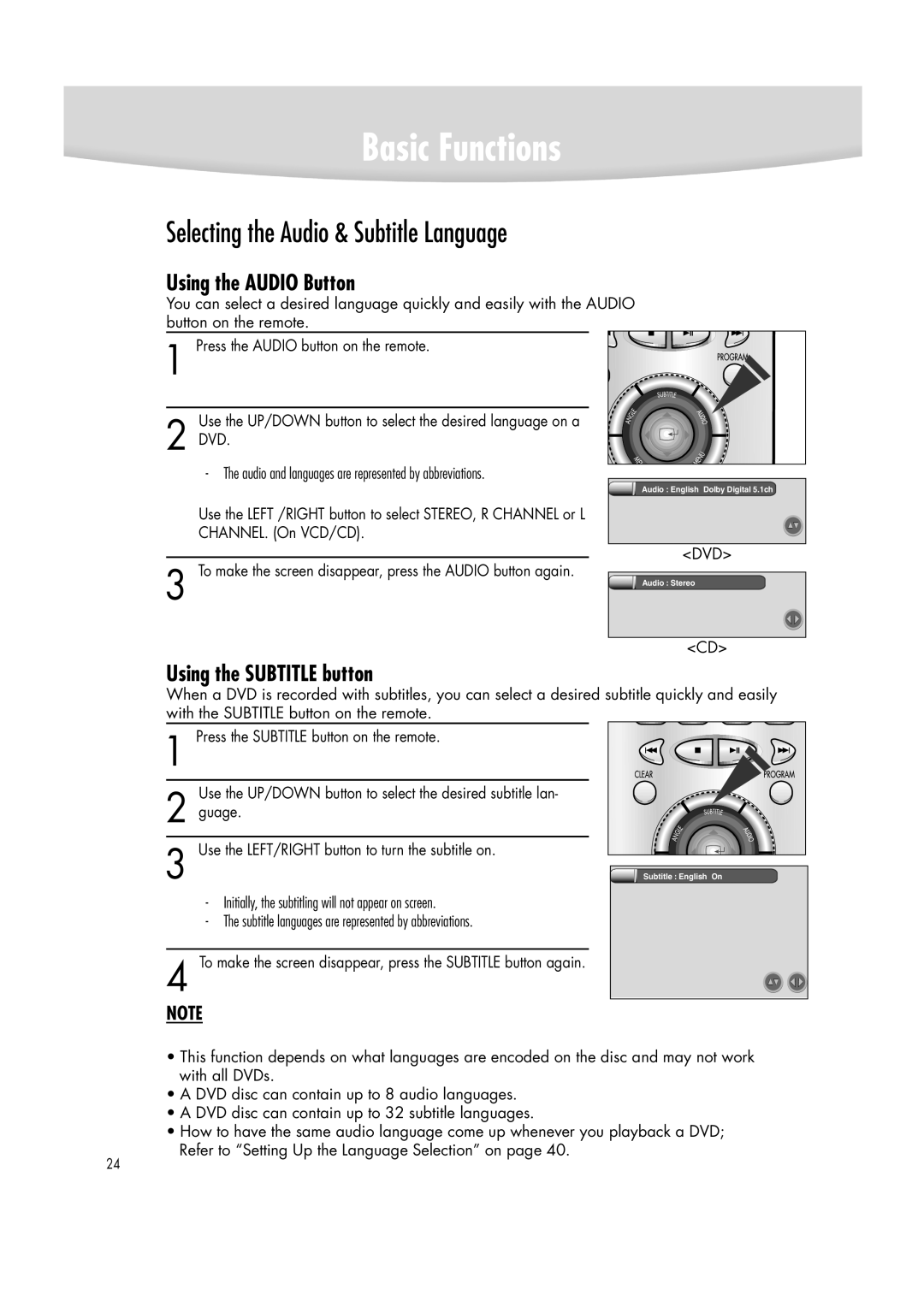 Samsung DVD-R2000 manual Selecting the Audio & Subtitle Language, Using the Audio Button, Using the Subtitle button 