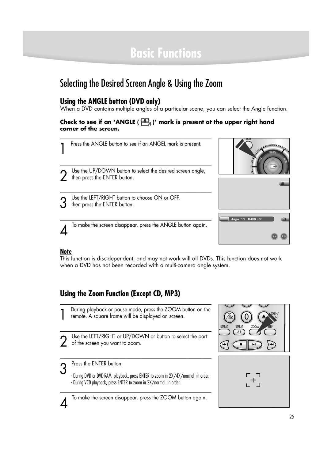 Samsung DVD-R2000 manual Selecting the Desired Screen Angle & Using the Zoom, Using the Angle button DVD only 