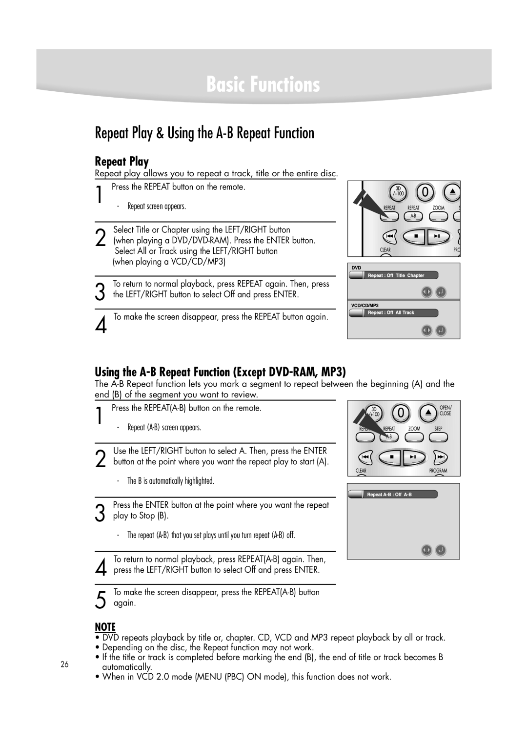 Samsung DVD-R2000 manual Repeat Play & Using the A-B Repeat Function, Using the A-B Repeat Function Except DVD-RAM, MP3 