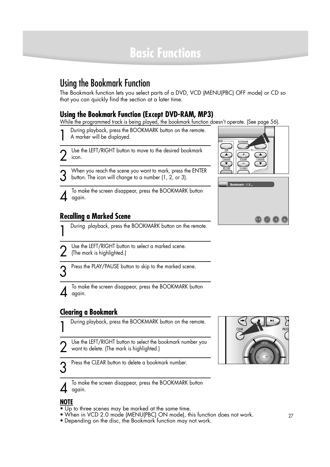 Samsung DVD-R2000 manual Using the Bookmark Function Except DVD-RAM, MP3, Recalling a Marked Scene, Clearing a Bookmark 