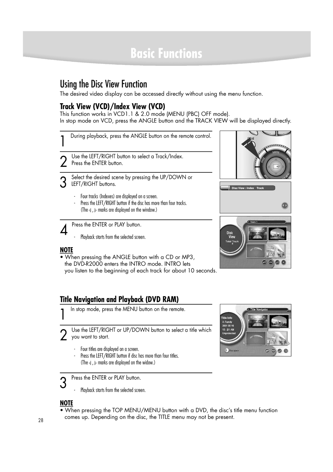 Samsung DVD-R2000 manual Using the Disc View Function, Track View VCD/Index View VCD, Title Navigation and Playback DVD RAM 