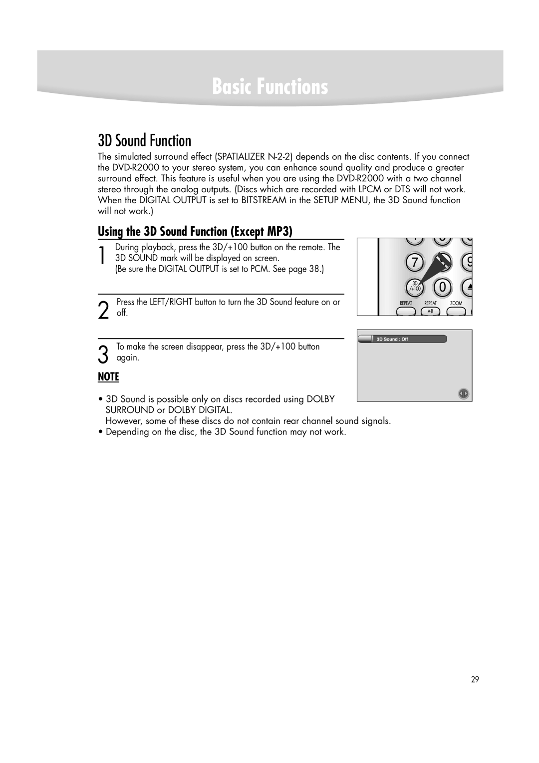 Samsung DVD-R2000 manual Using the 3D Sound Function Except MP3 