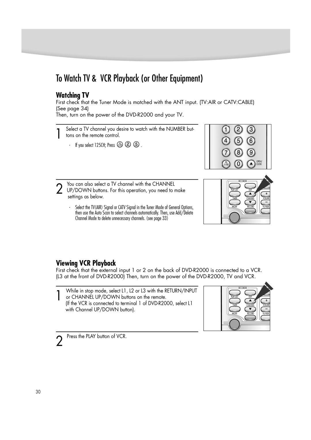 Samsung DVD-R2000 manual To Watch TV & VCR Playback or Other Equipment, Watching TV, Viewing VCR Playback 