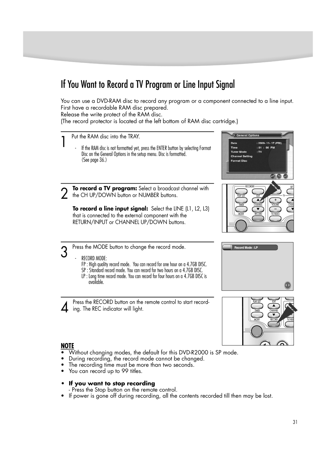 Samsung DVD-R2000 manual If You Want to Record a TV Program or Line Input Signal, If you want to stop recording 