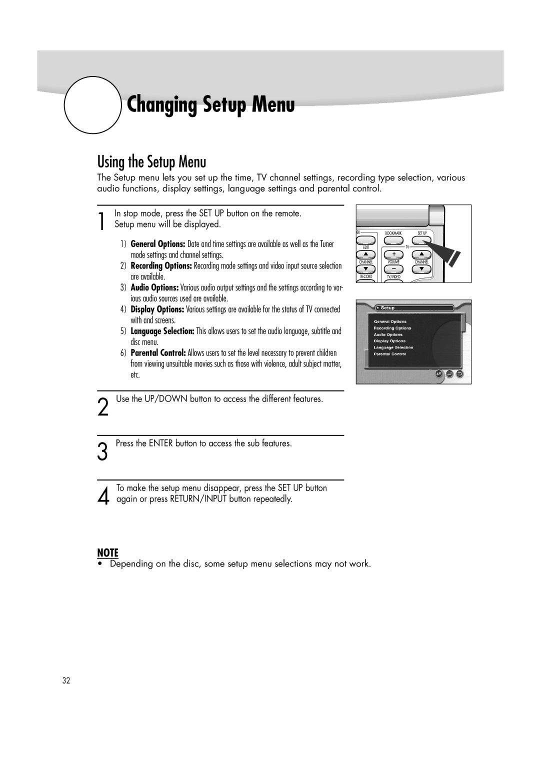 Samsung DVD-R2000 manual Changing Setup Menu, Using the Setup Menu 