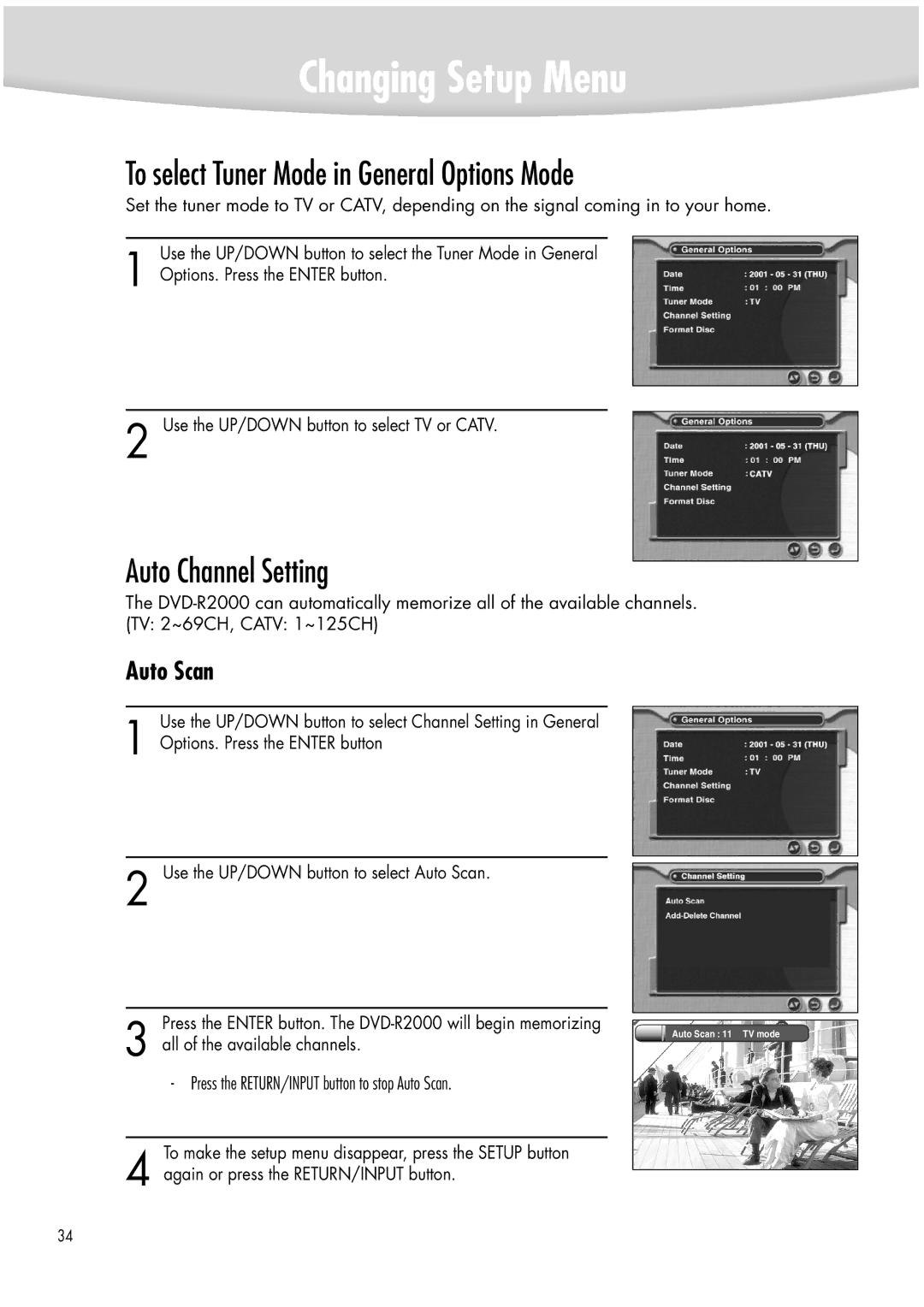 Samsung DVD-R2000 manual Changing Setup Menu 