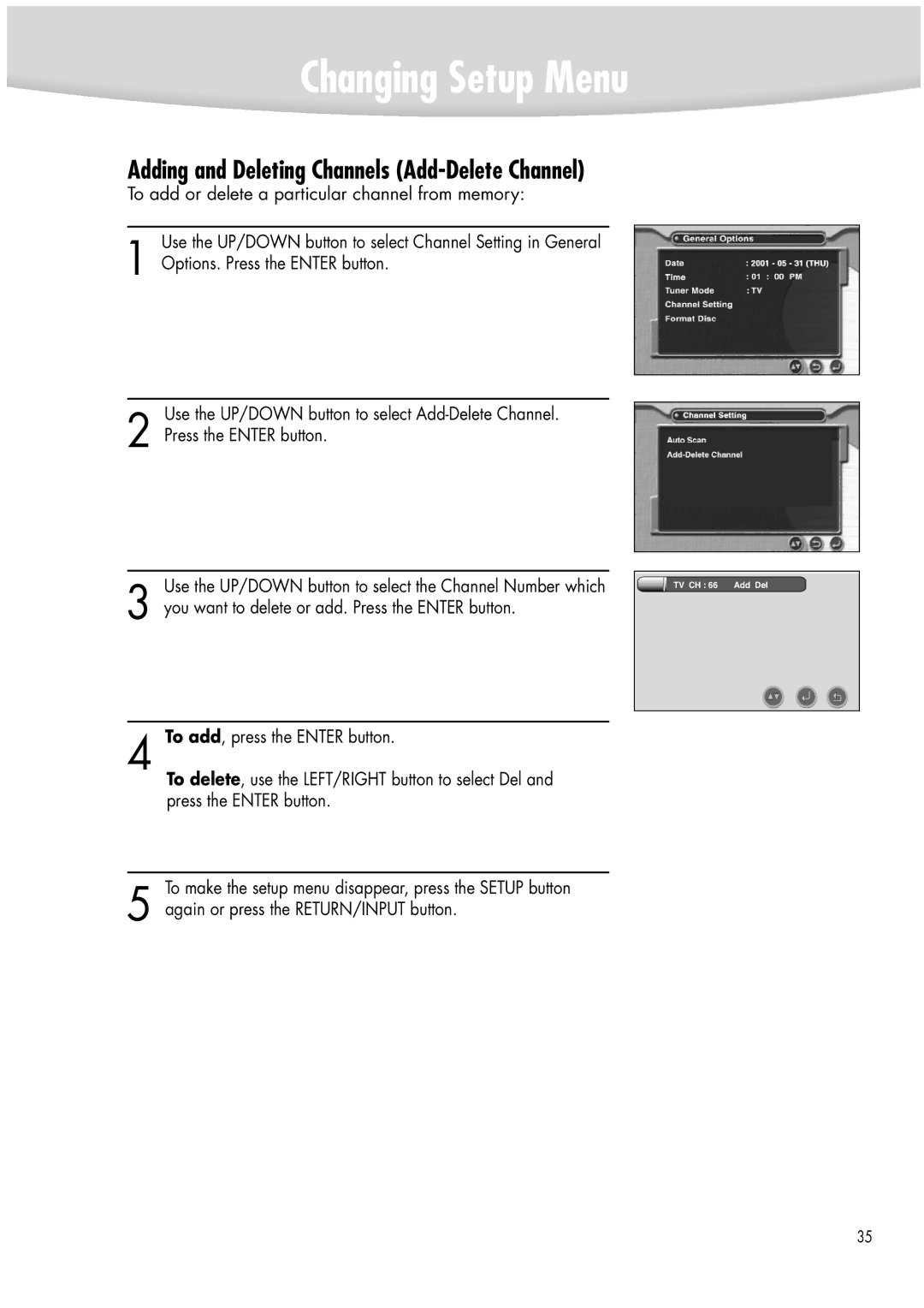 Samsung DVD-R2000 manual Adding and Deleting Channels Add-Delete Channel 