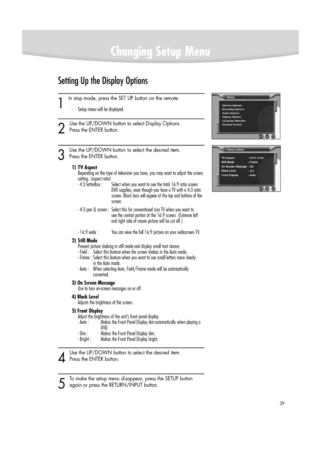 Samsung DVD-R2000 manual Setting Up the Display Options 