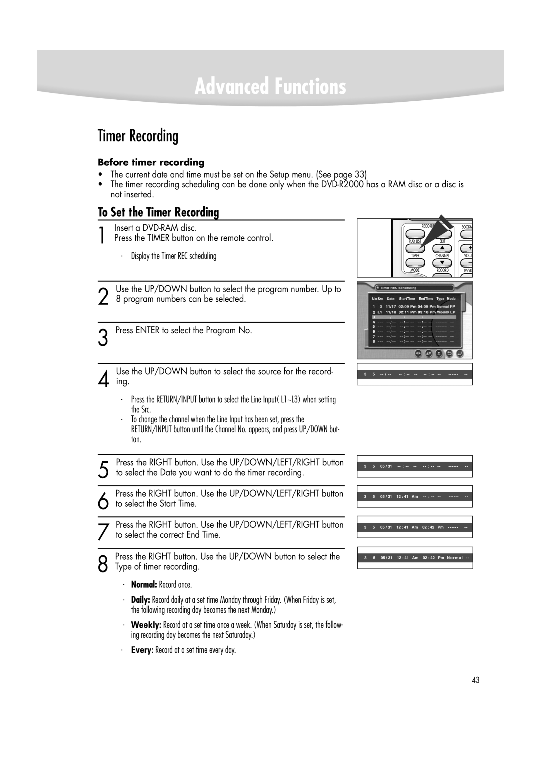 Samsung DVD-R2000 manual To Set the Timer Recording, Before timer recording 